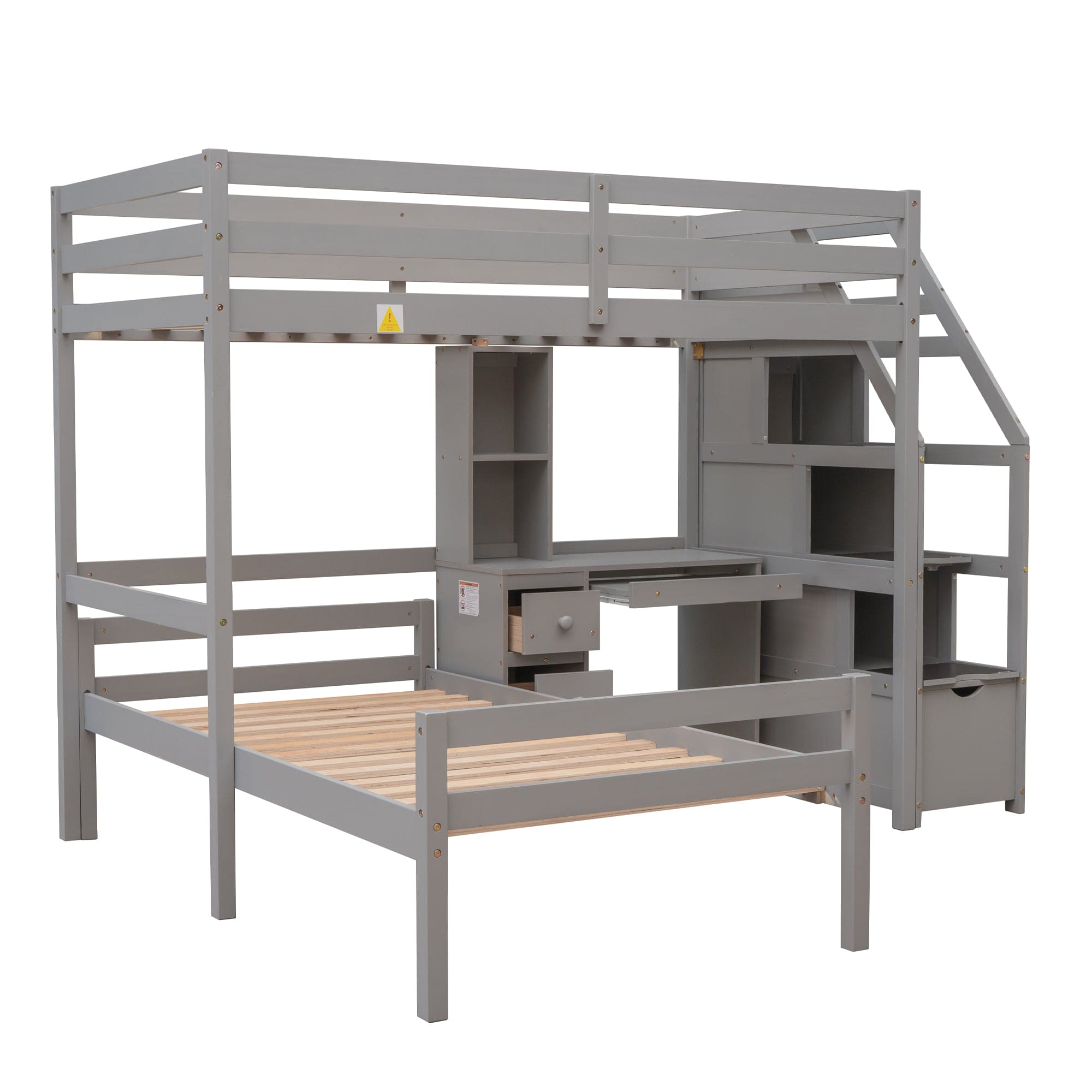 Twin Size Loft Bed with a Stand-alone Bed, Storage Staircase, Desk, Shelves and Drawers, Gray