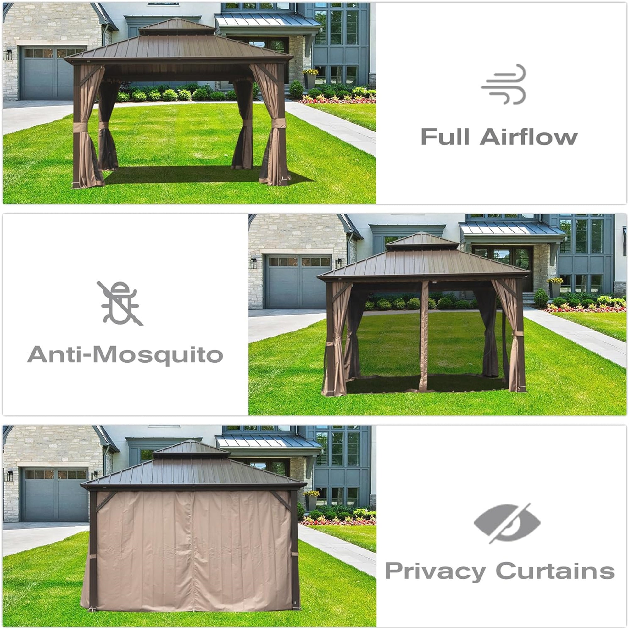 12' X 12' Hardtop Gazebo, Aluminum Metal Gazebo with Galvanized Steel Double Roof Canopy, Curtain and Netting, Permanent Gazebo Pavilion for Party, Wedding, Outdoor Dining, Brown