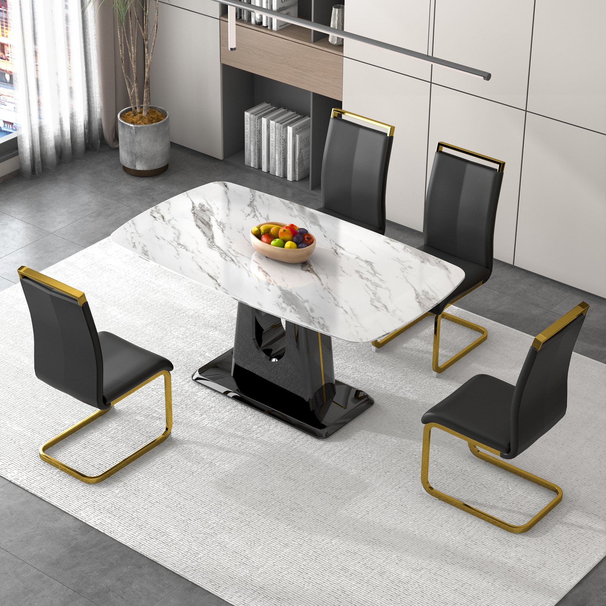 A modern, minimalist, and luxurious dining table with a white imitation marble tabletop and MDF legs with U-shaped brackets. Tables in restaurants and living rooms 63"*35.4"*30  F-U