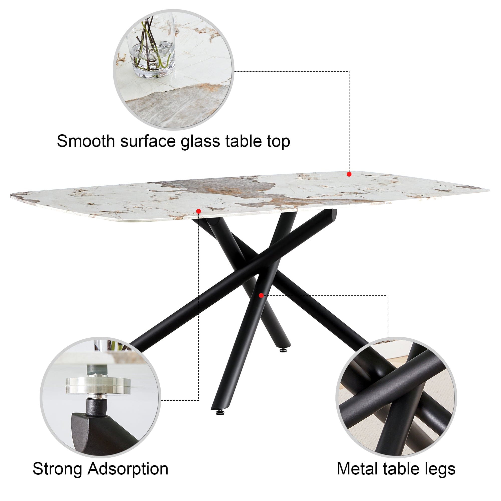 Large rectangular imitation marble dining table, 6-8 seats, 0.39 "black artificial marble countertop, smooth chrome legs, Sleek Chrome Legs. Perfect for Kitchen, Dining, Living, Meeting, Banquet 1537