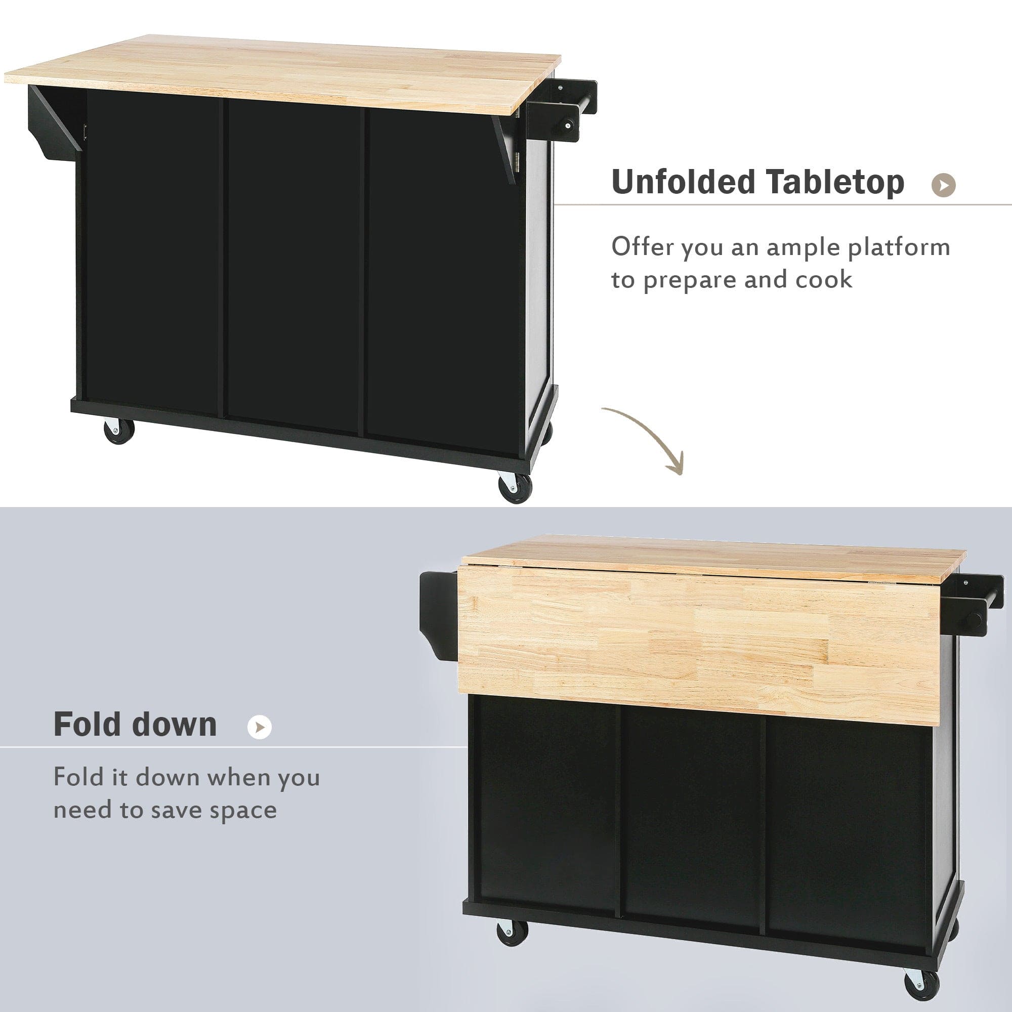 Kitchen Cart with Rubber wood Drop-Leaf Countertop ,Cabinet door internal storage racks,Kitchen Island on 5 Wheels with Storage Cabinet and 3 Drawers for Dinning Room, Black