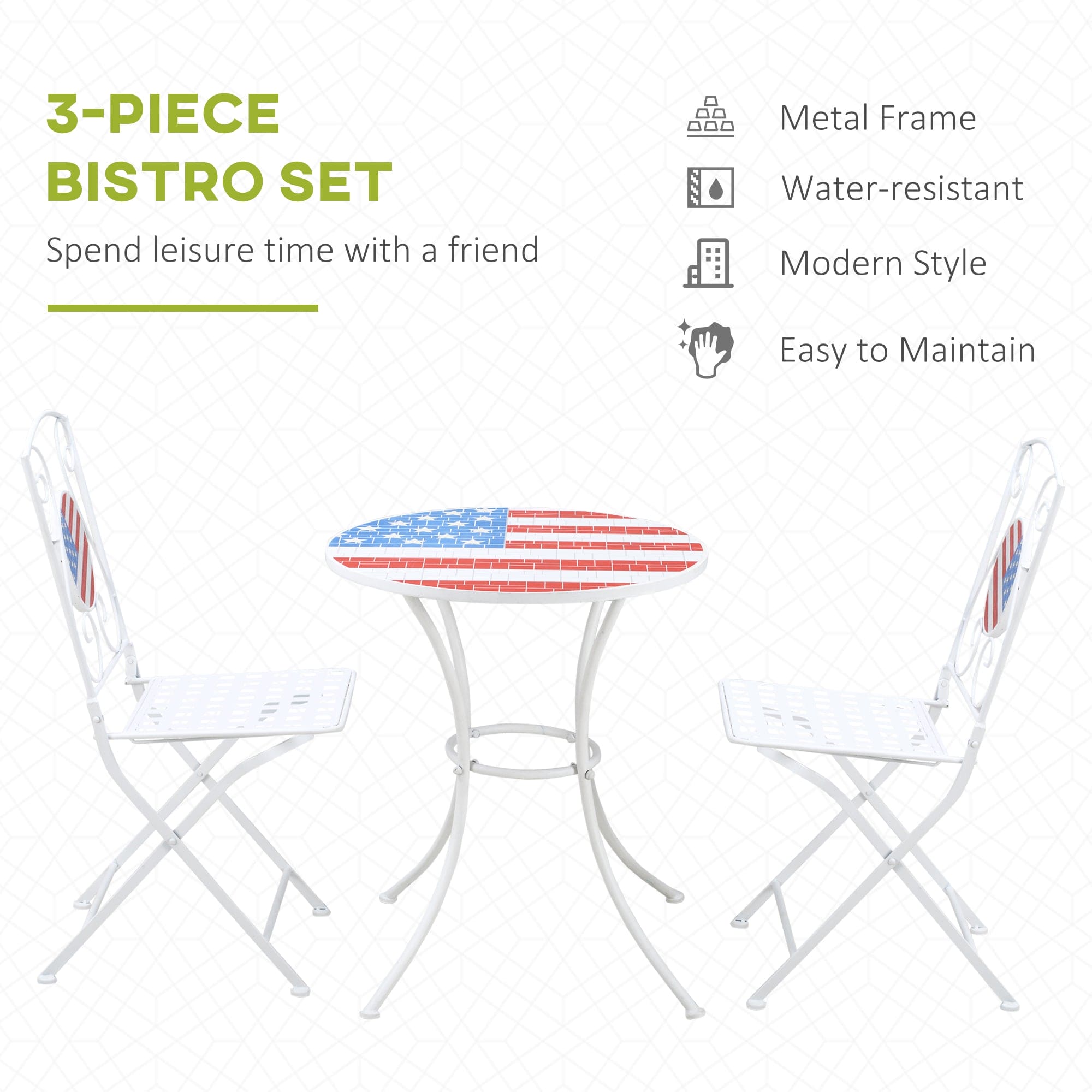 Outsunny 3 Piece Patio Bistro Set, Folding Outdoor Furniture with USA Mosaic Table and Chairs, 
Portable Metal Frames for 4th of July, Balcony, Backyard, Poolside, Porch, American Flag