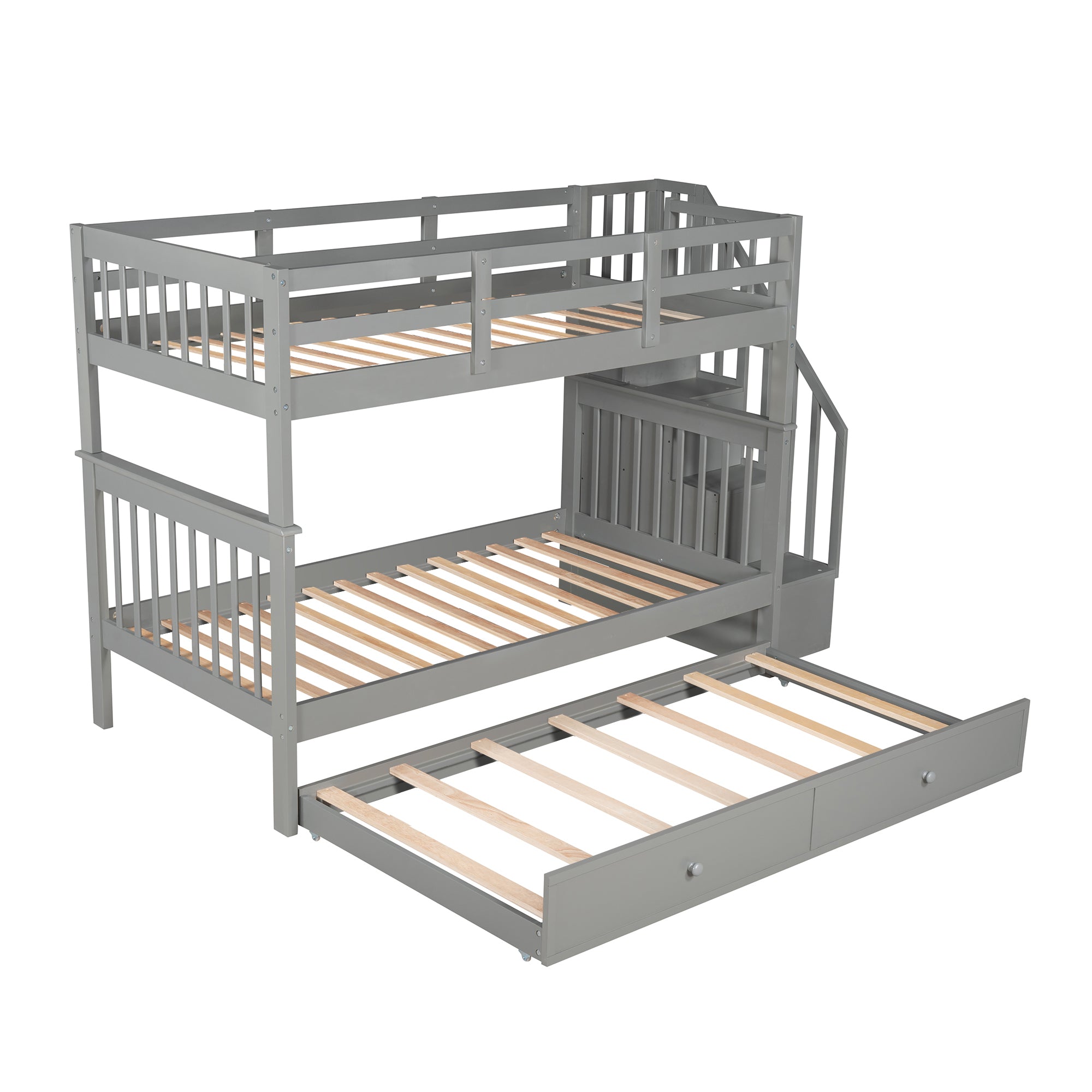 Stairway Twin-Over-Twin Bunk Bed with Twin size Trundle for Bedroom, Dorm, Adults, Gray( old sku: LP000209AAE )