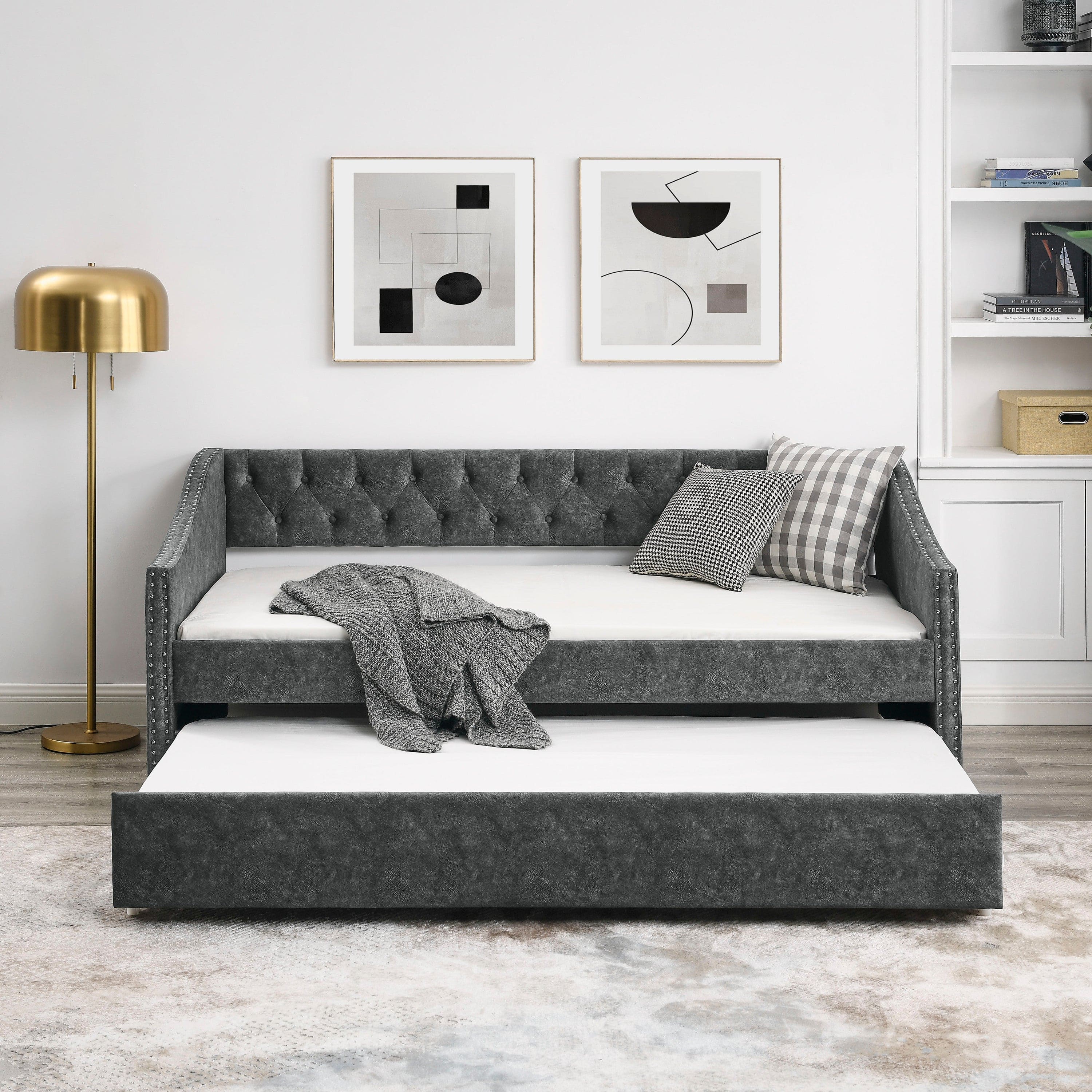 Twin Size Daybed with Twin Size Trundle Upholstered Tufted Sofa Bed, with Button on Back and Copper Nail on Waved Shape Arms, Grey (80.5"x41"x30.5")