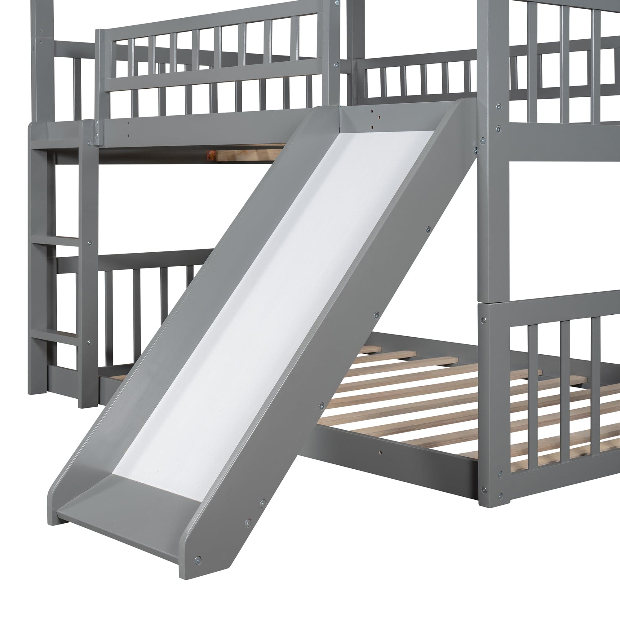 Full-Over-Full-Over-Full Triple Bed with Built-in Ladder and Slide , Triple Bunk Bed with Guardrails, Gray(OLD SKU :LP000052AAE)