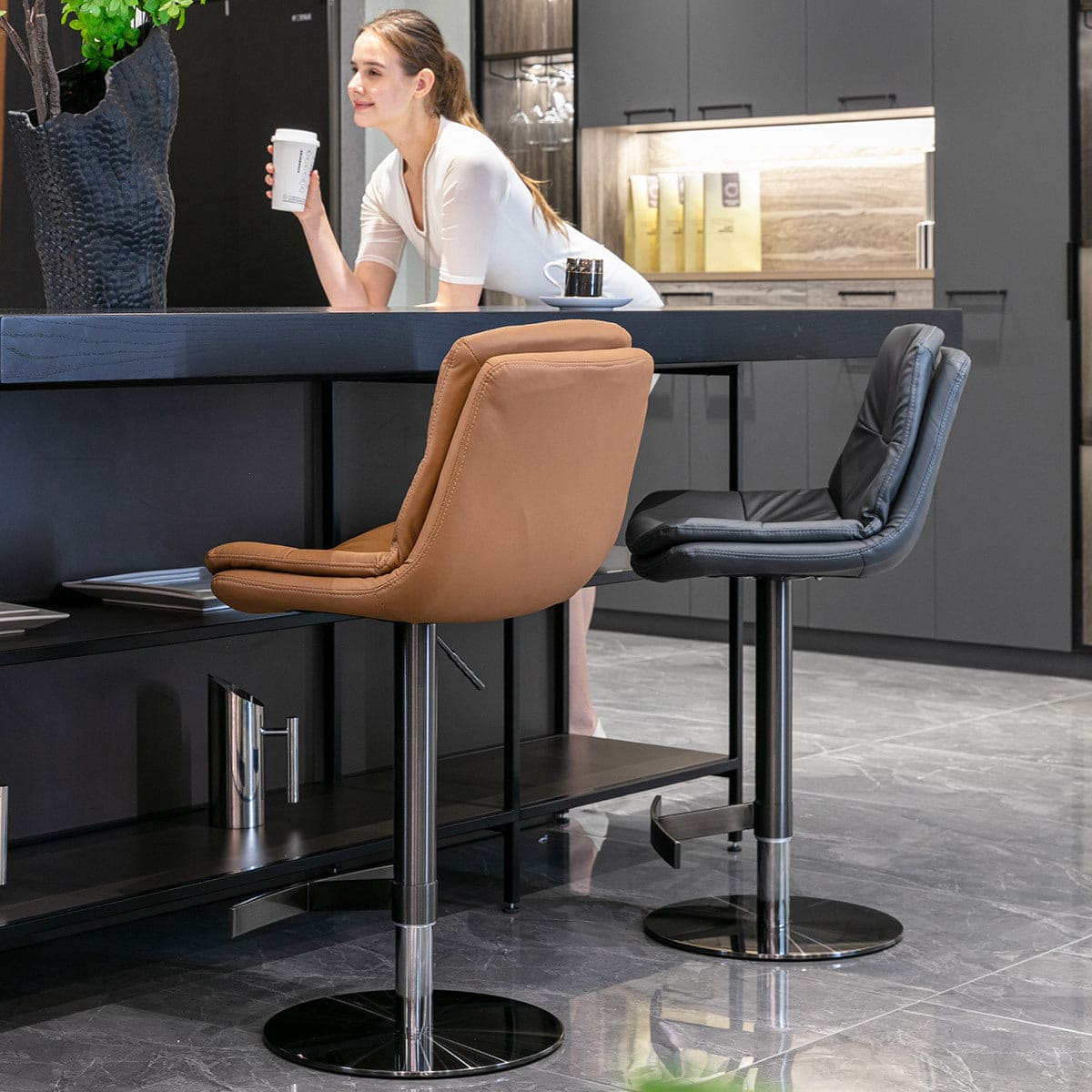 Swivel Bar Stools Black Titanium Stainless Steel Base and Footrest, Grade, Faux Leather Bar Chair with Backrest (Brown 1pc)