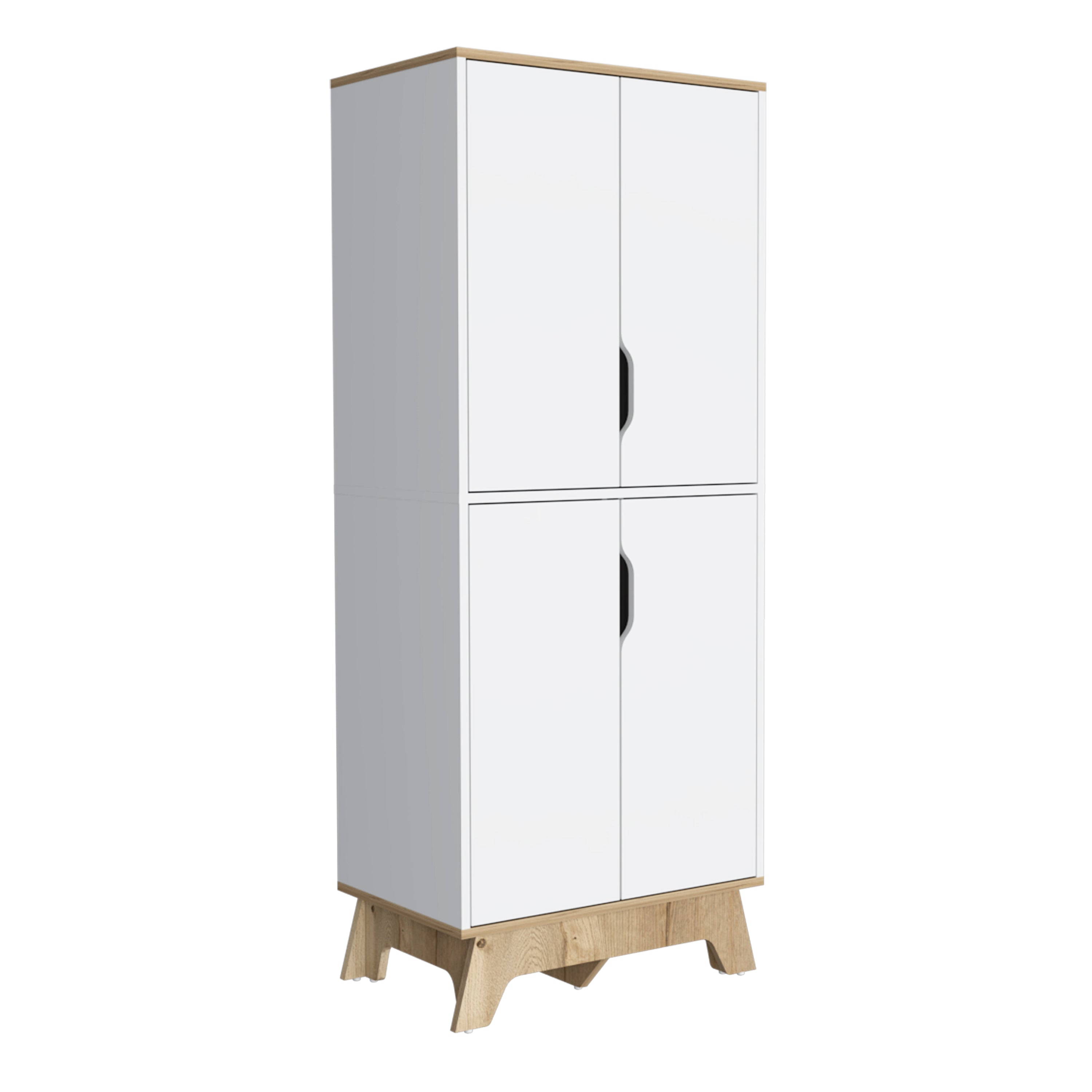 Double Kitchen Pantry Wallas, Double Door, Four Legs, Four Shelves, Light Oak / White Finish