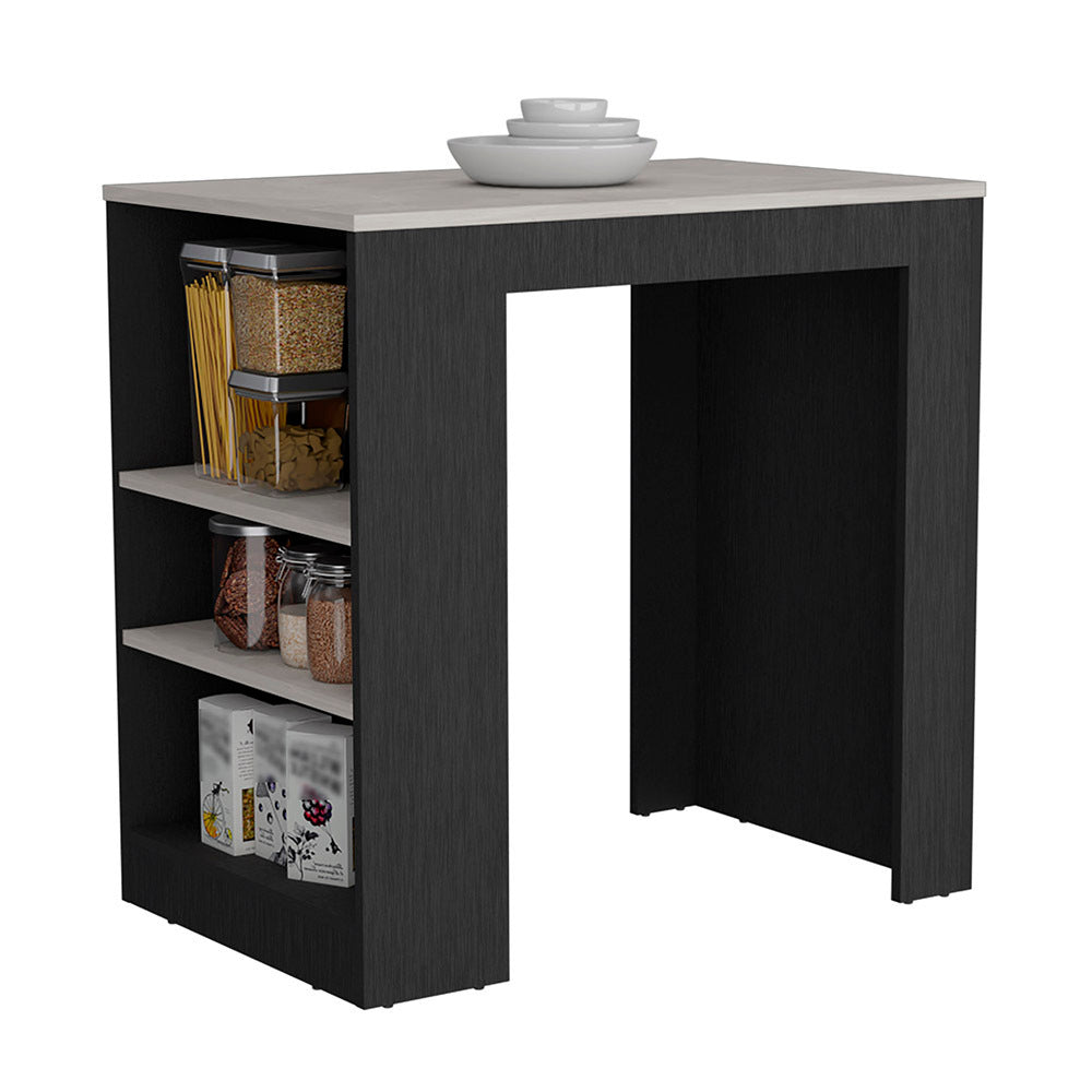 Kitchen Island Doyle, Three Side Shelves, Black Wengue and Ibiza Marble Finish