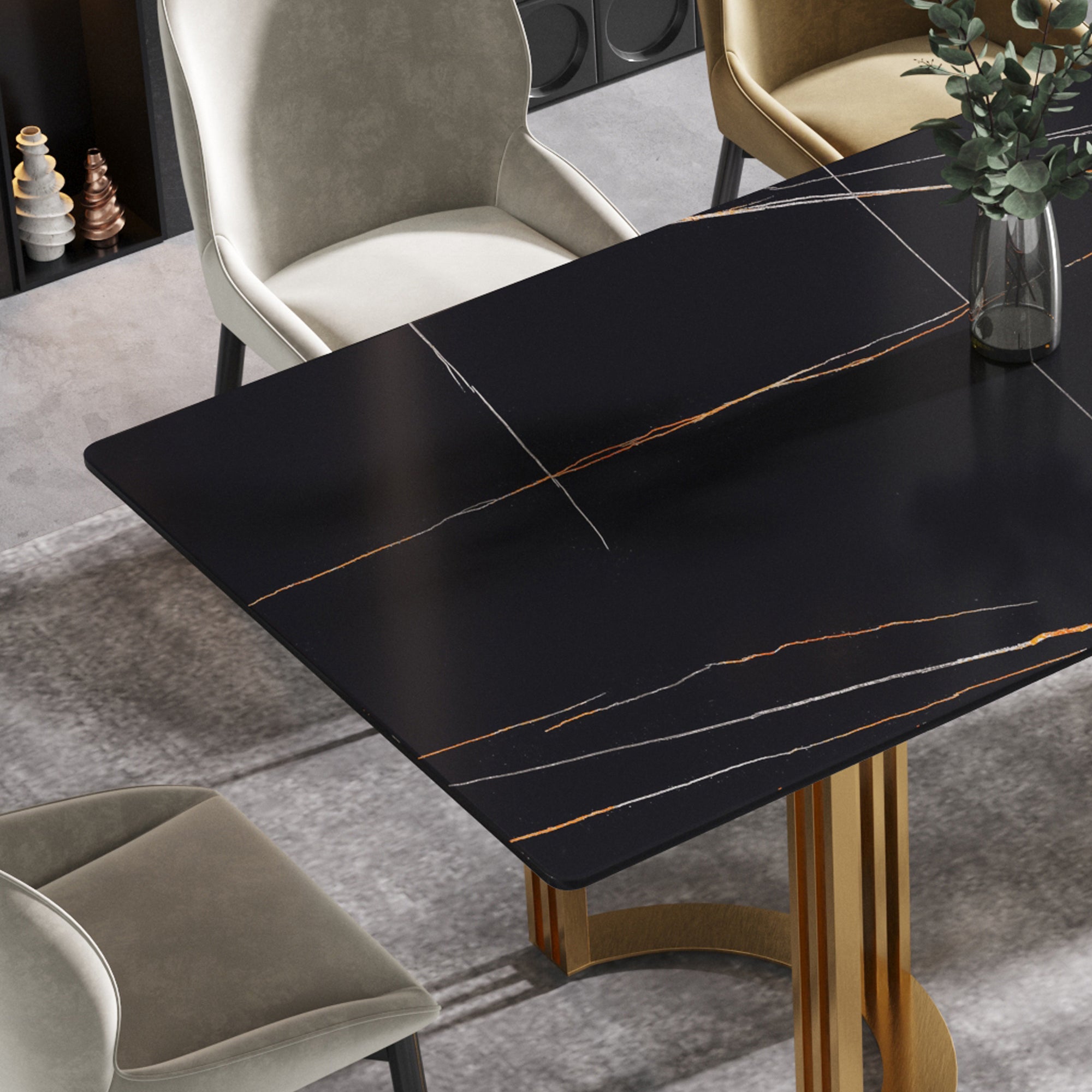 63"Modern artificial stone black straight edge golden metal leg dining table -6 people