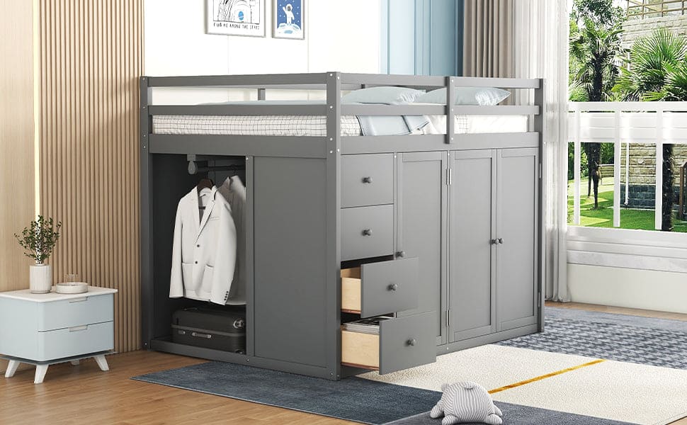 Full Size Wood Loft Bed With Built-in Wardrobes, Cabinets and Drawers, Gray