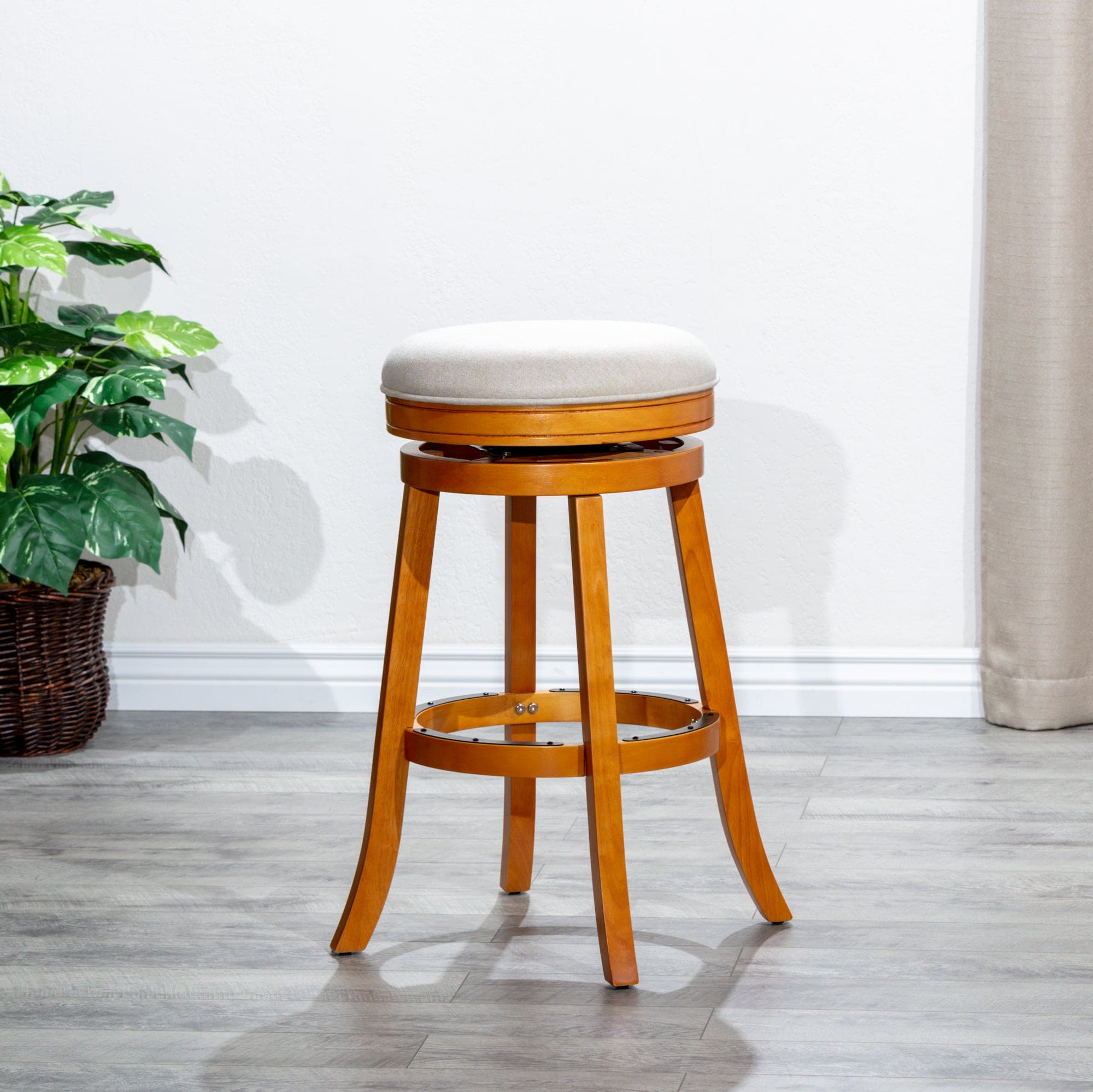 30" Bar Stool, Natural Finish, Beige Fabric Seat