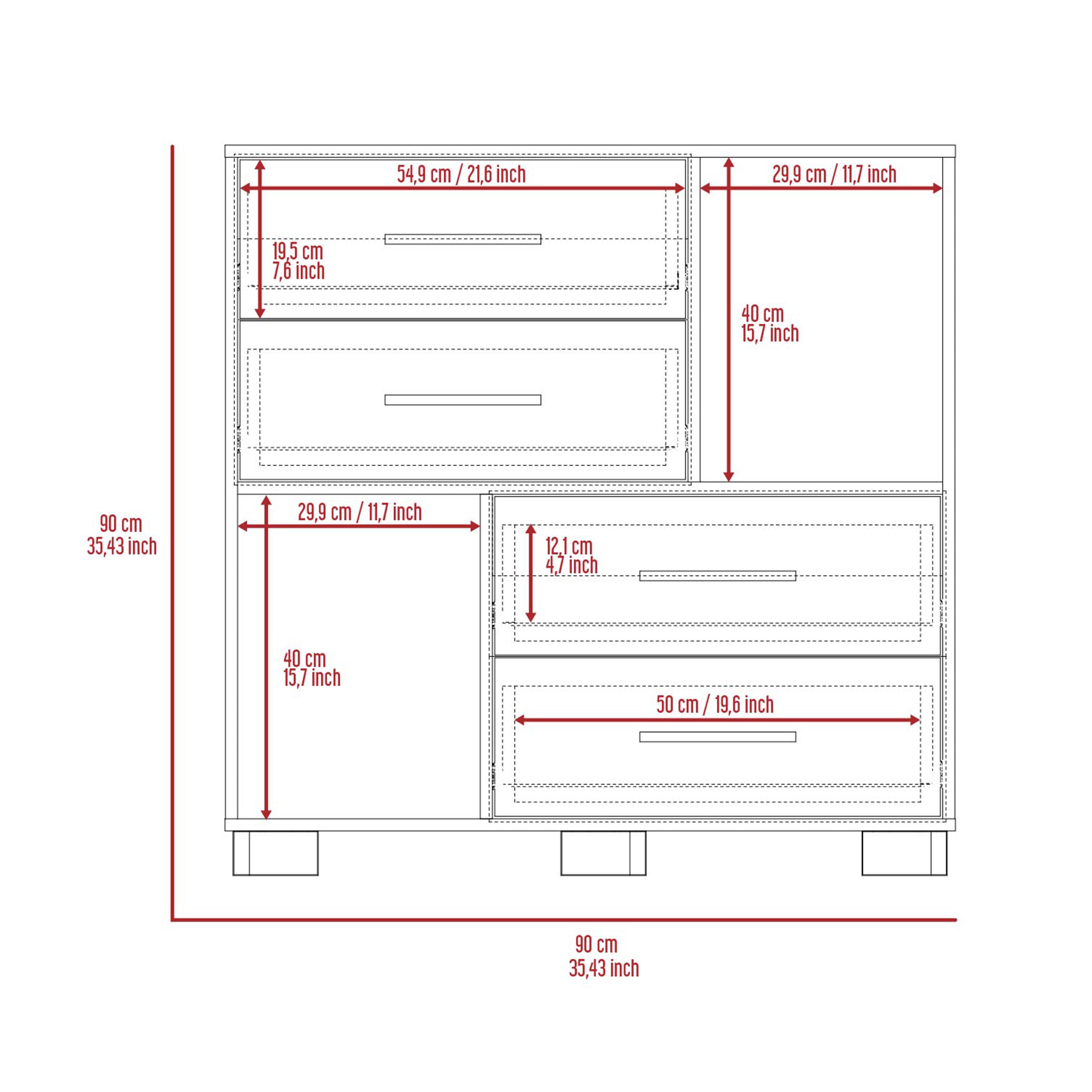 Dresser Hetzs, Four Drawers, Two Open Shelves, White Finish