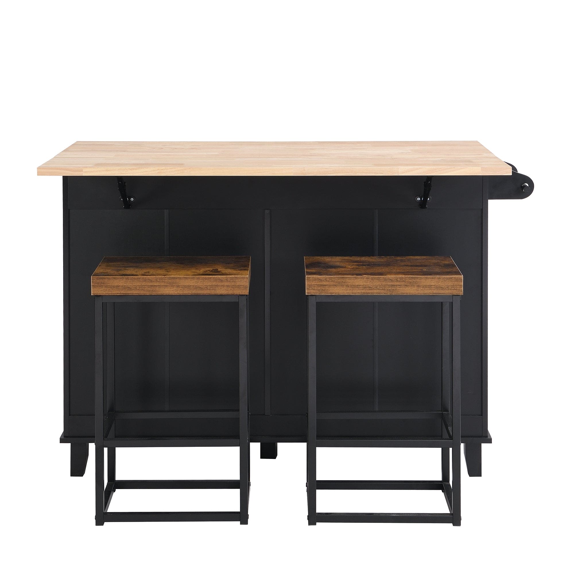 TOPMAX Farmhouse Kitchen Island Set with Drop Leaf and 2 Seatings,Dining Table Set with Storage Cabinet, Drawers and Towel Rack, Black+Rustic Brown