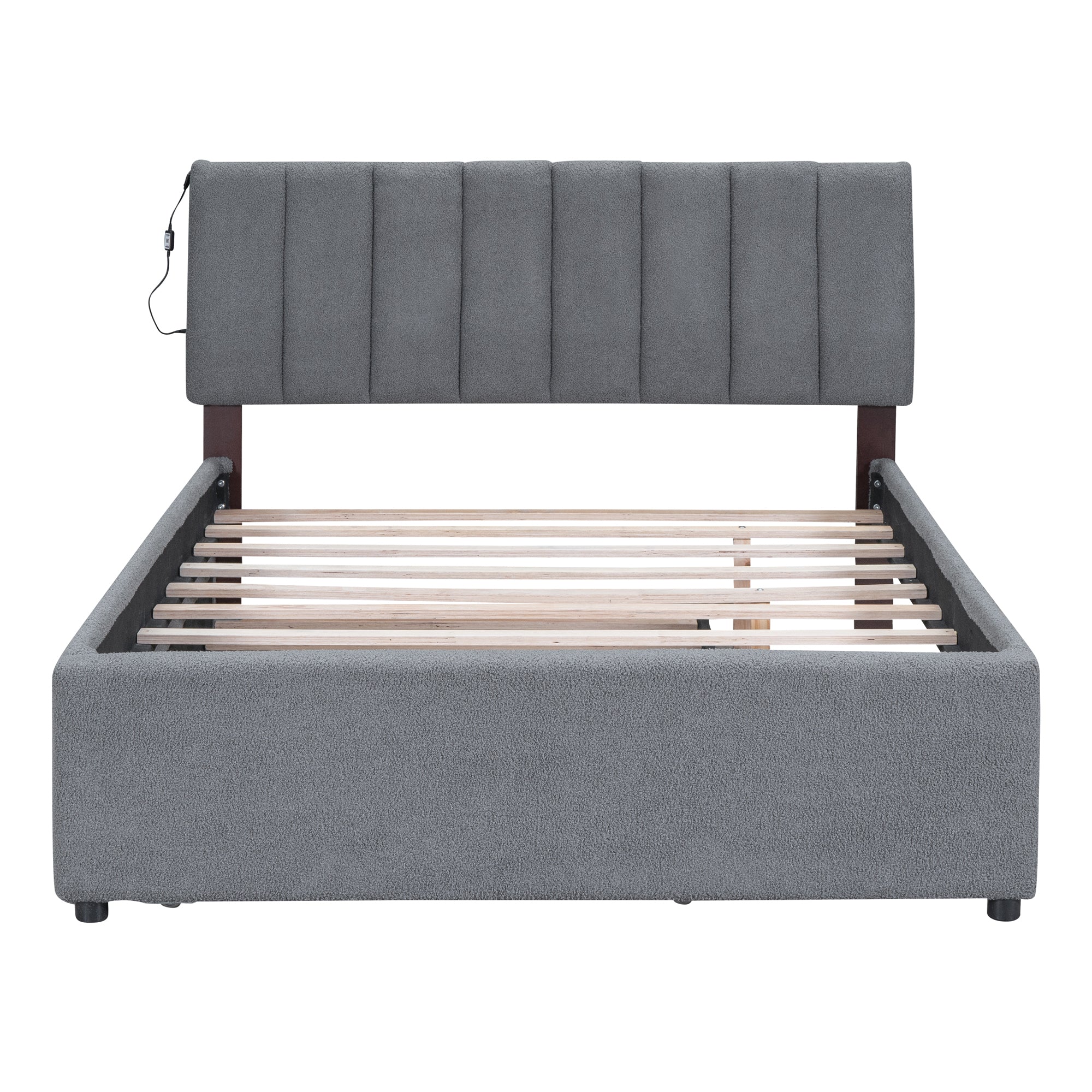 Teddy Fleece Full Size Upholstered Platform Bed with Trundle, Gray