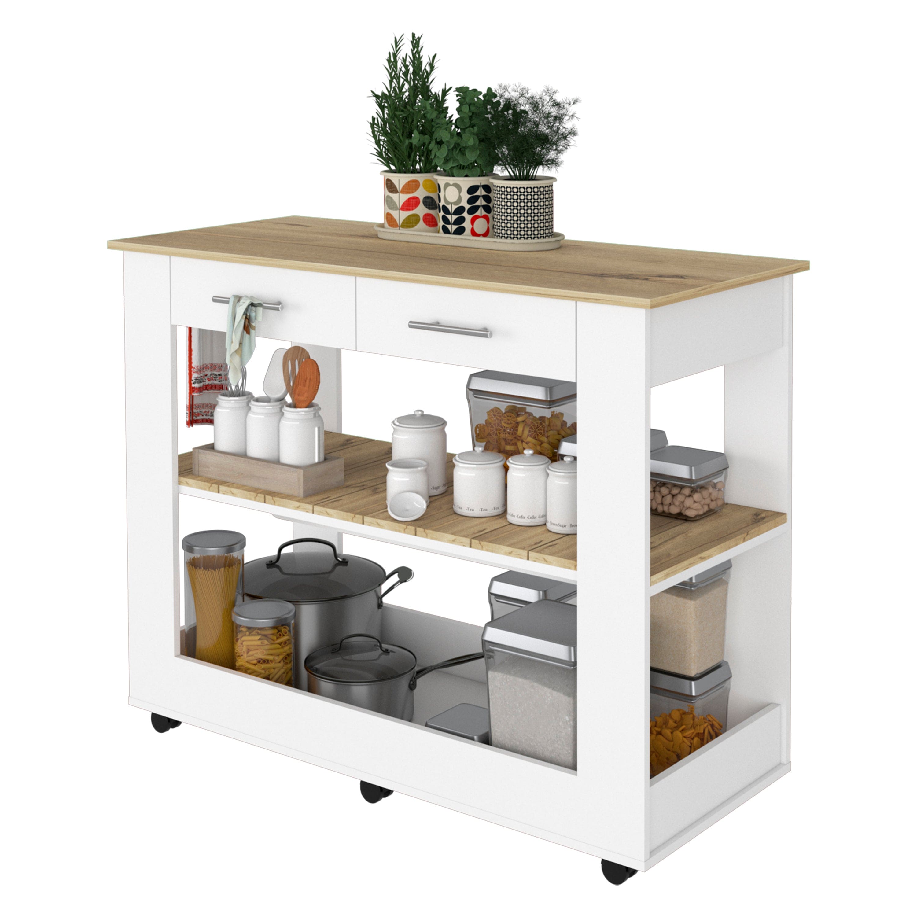 Rockaway 2-Drawer 2-Shelf Kitchen Island White and Light Oak