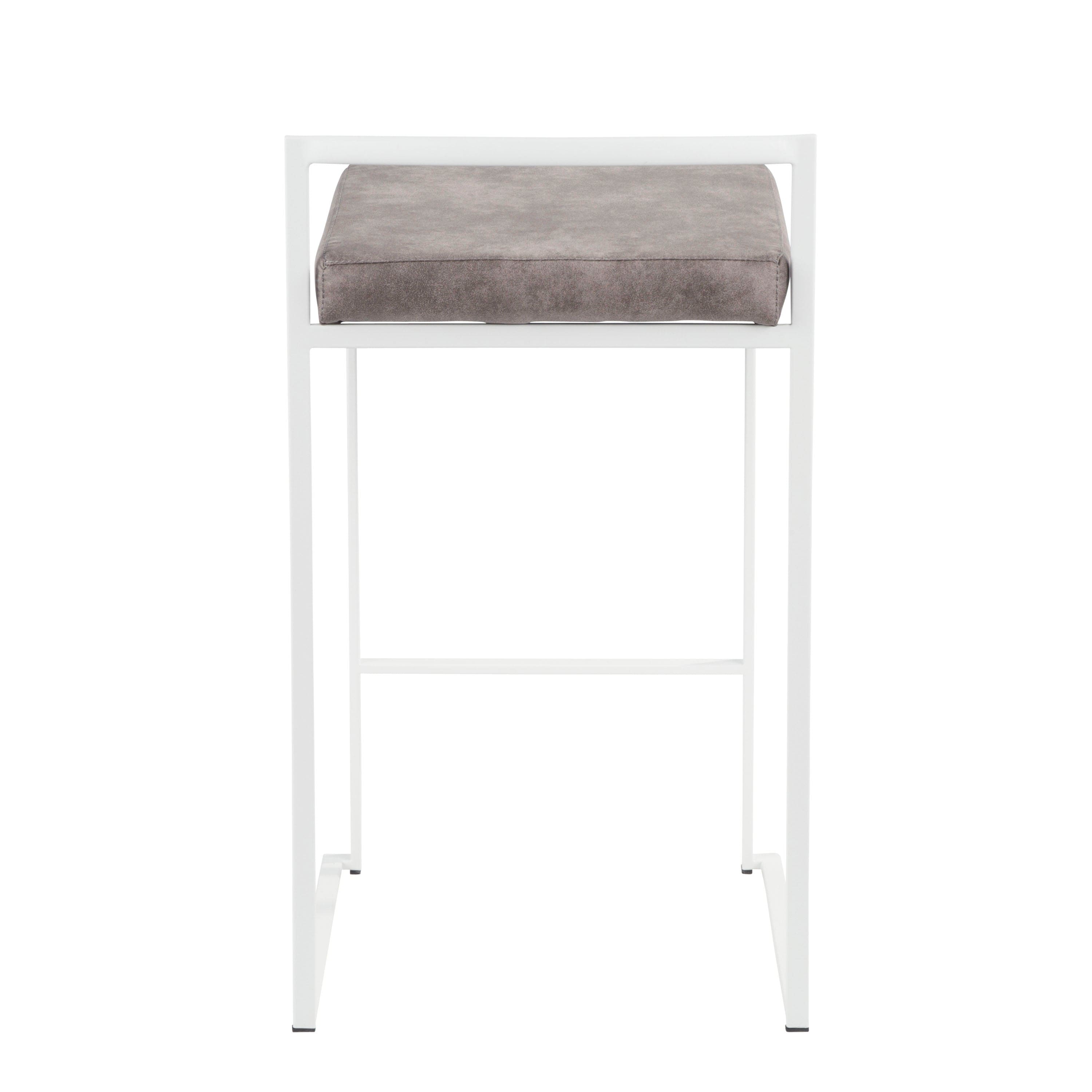 Fuji Contemporary Stackable Counter Stool in White with Stone Cowboy Fabric Cushion by LumiSource - Set of 2