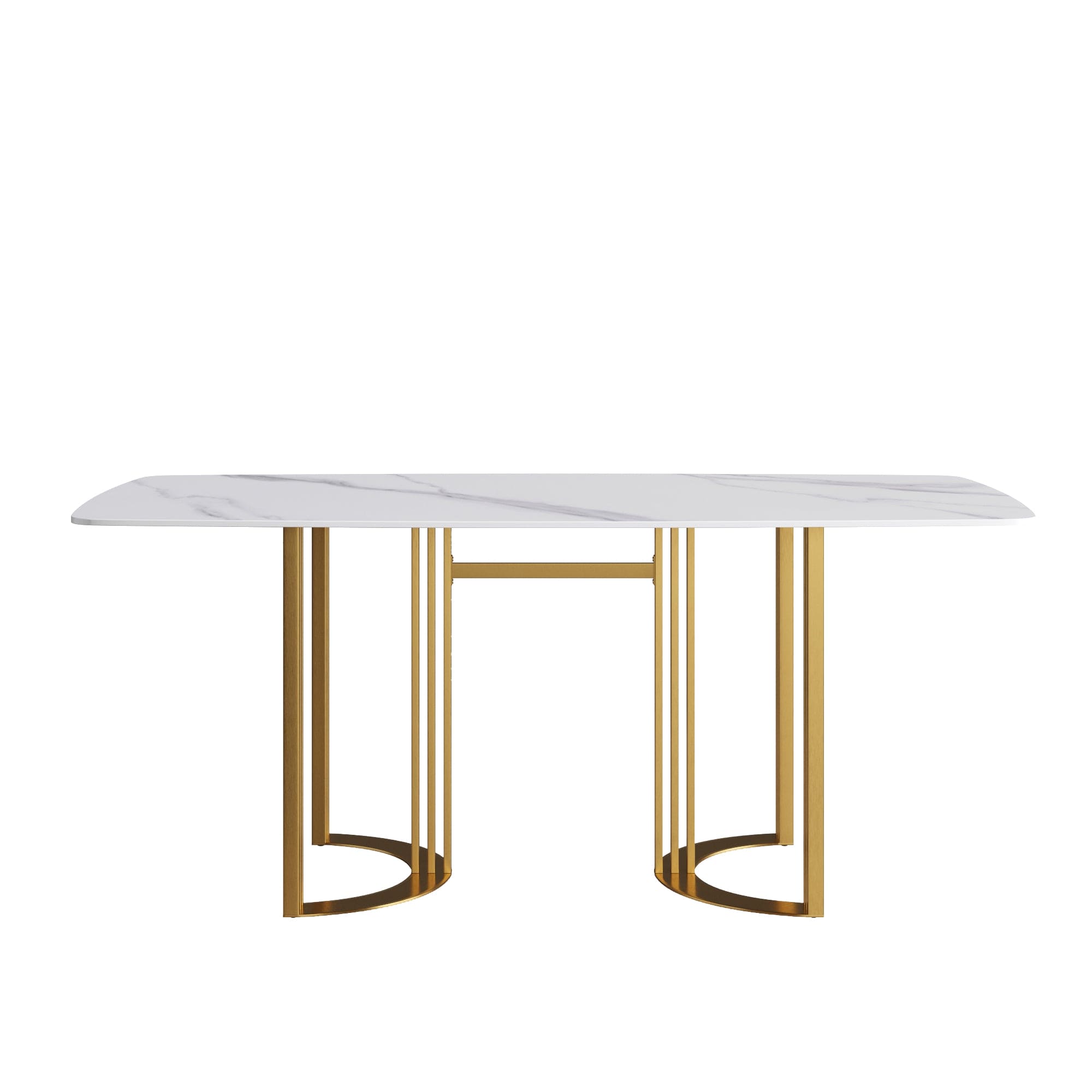 70.87"Modern artificial stone white curved golden metal leg dining table-can accommodate 6-8 people