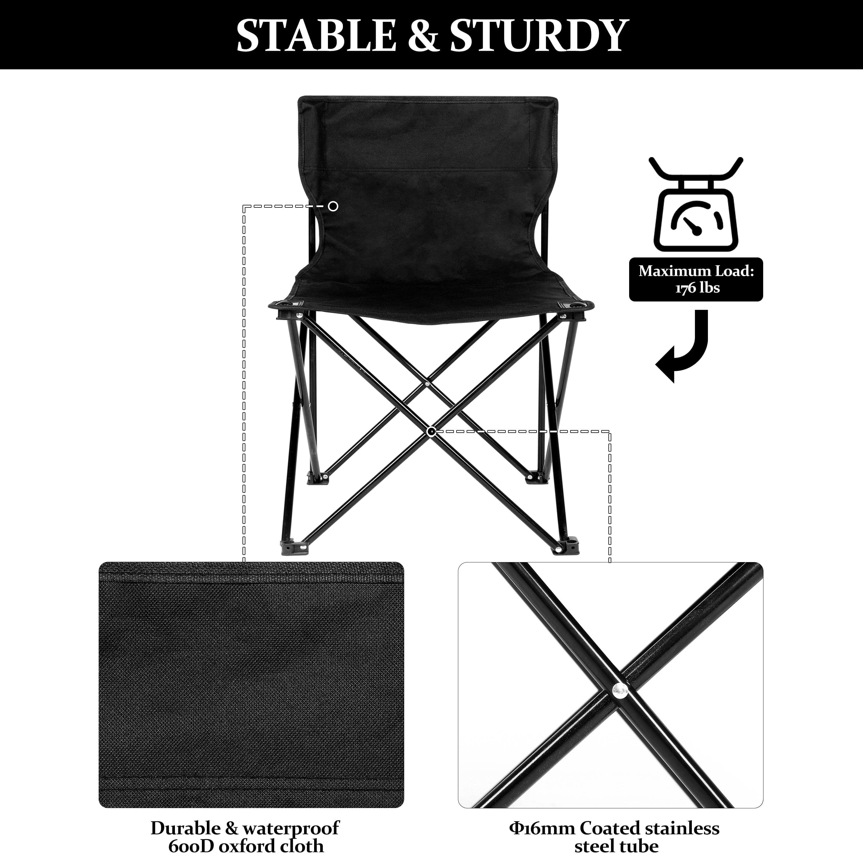 YSSOA Portable Folding Camping Chair with Carry Bag for Adults, Collapsible Anti-Slip Padded Oxford Cloth Stool for Beach, Hiking, Fishing, Gardening, Picnic Color: Black, Size: Large