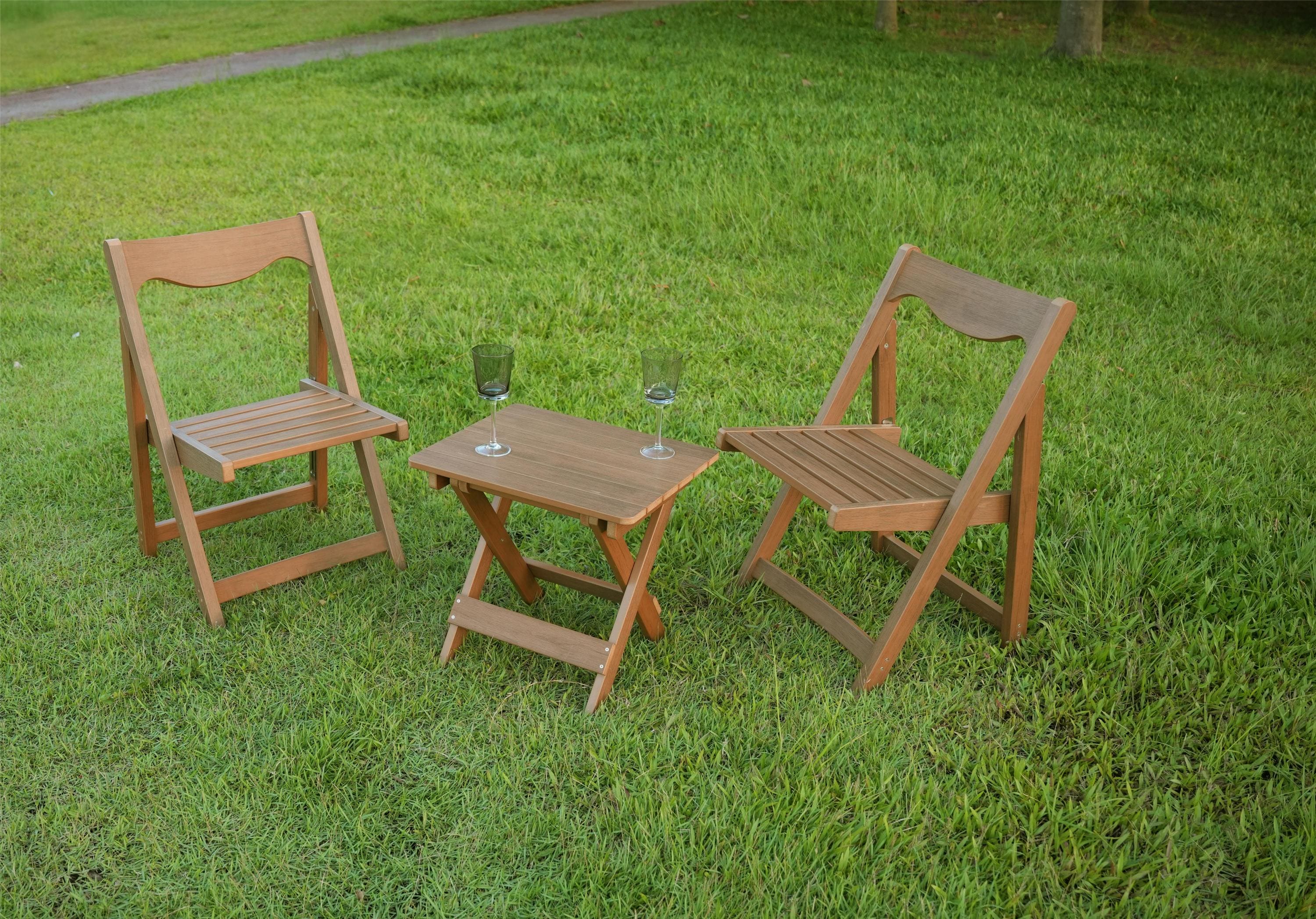 HIPS Material Outdoor Bistro Set Foldable Small Table and Chair Set with 2 Chairs and Rectangular Table, Teak