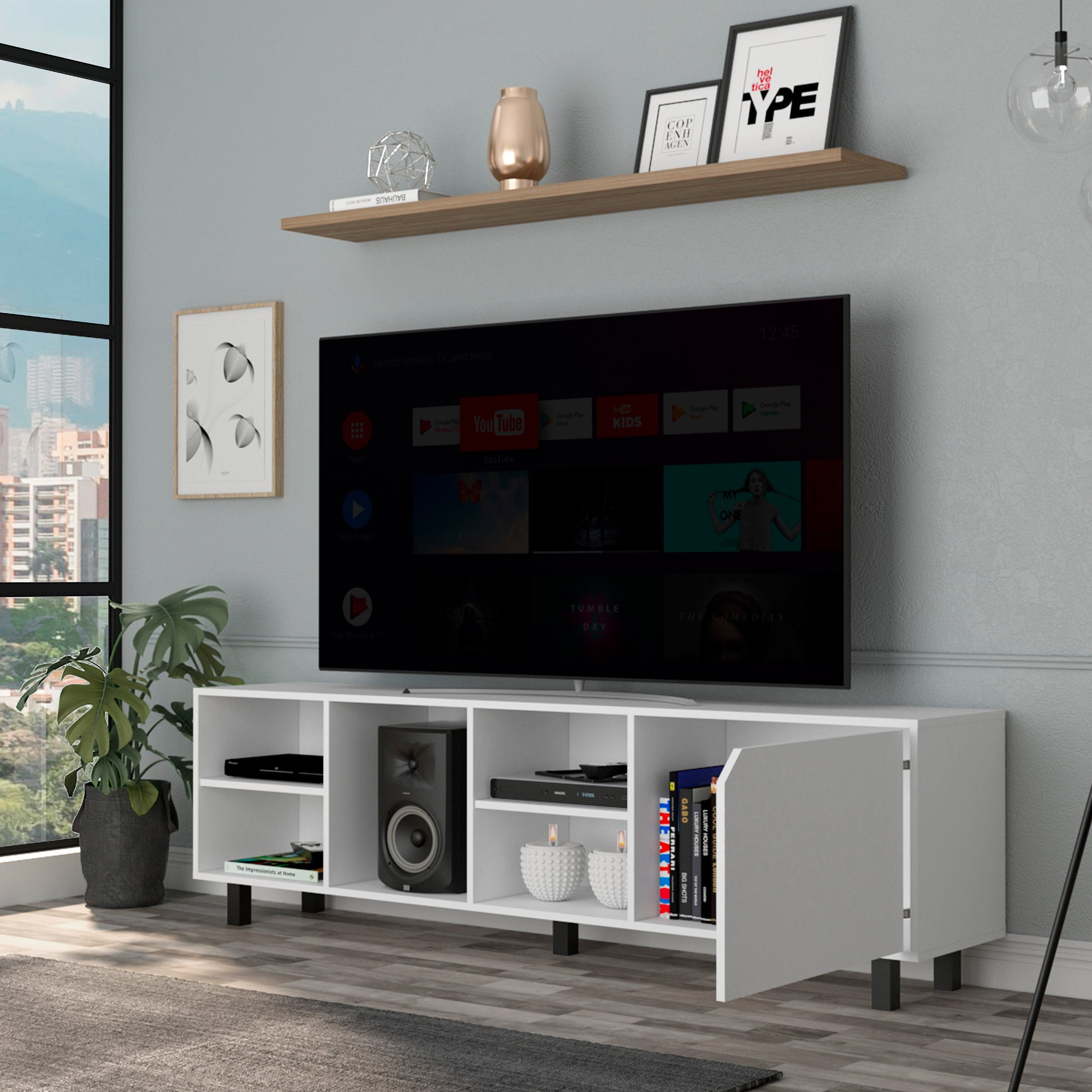 Valdivia Tv Stand for TV´s up 70", Four Open Shelves, Five Legs -White