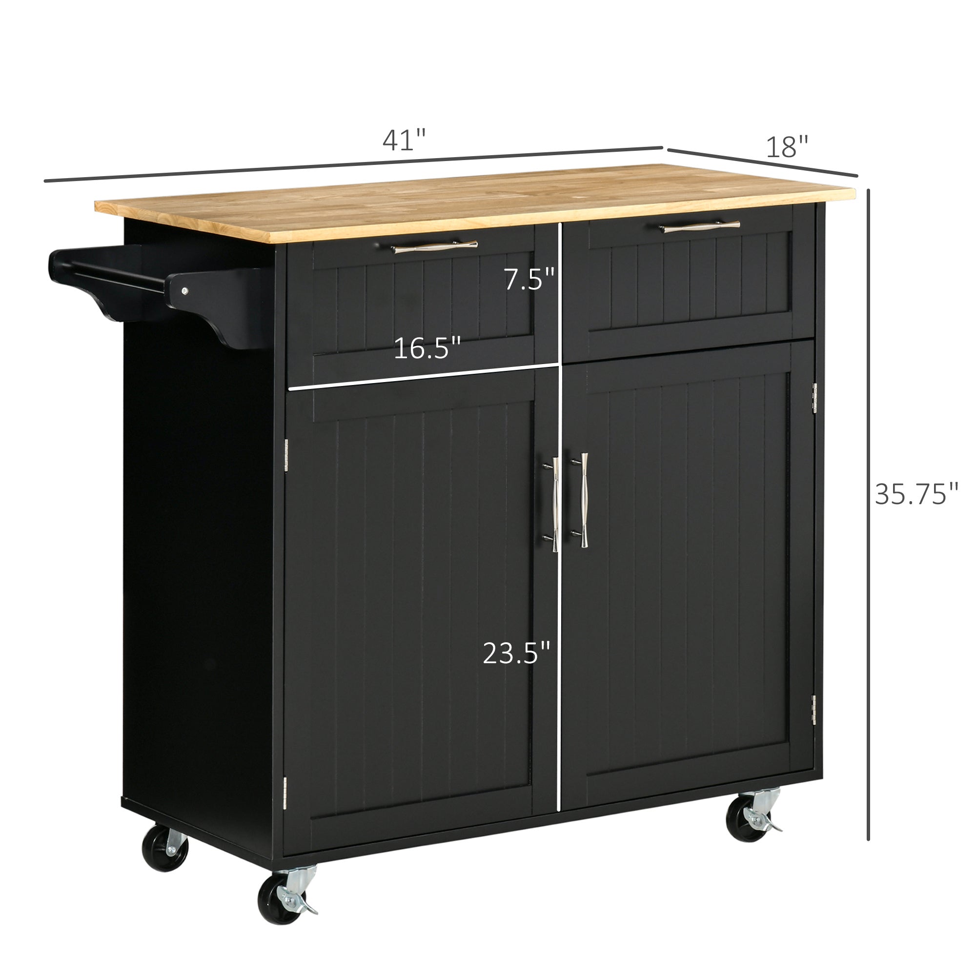 HOMCOM 41" Modern Rolling Kitchen Island on Wheels, Utility Cart Storage Trolley with Rubberwood Top & Drawers, Black