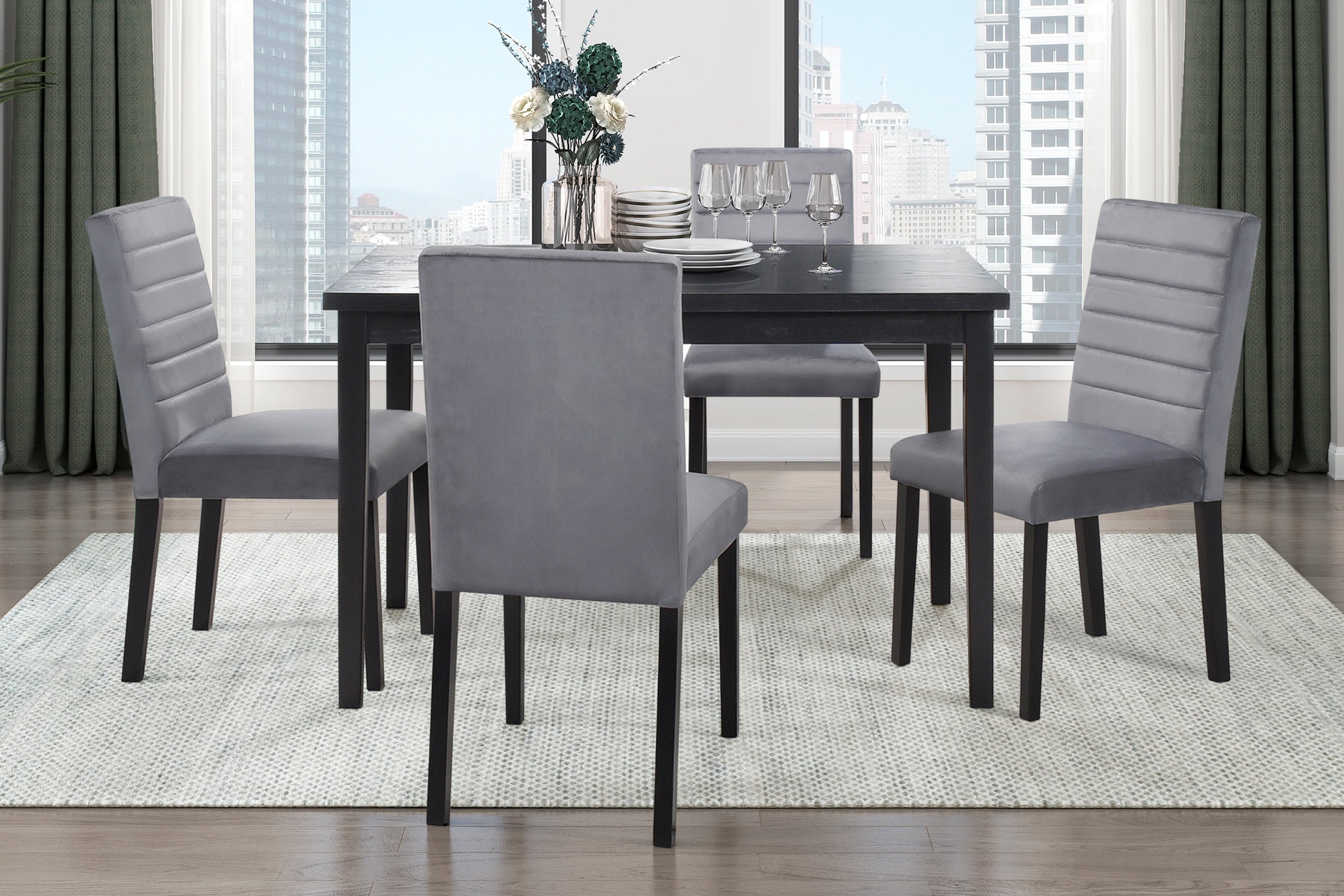 Gray Velvet Upholstered Side Chairs Set of 2pc Black Finish Wood Frame Casual Dining Room Furniture