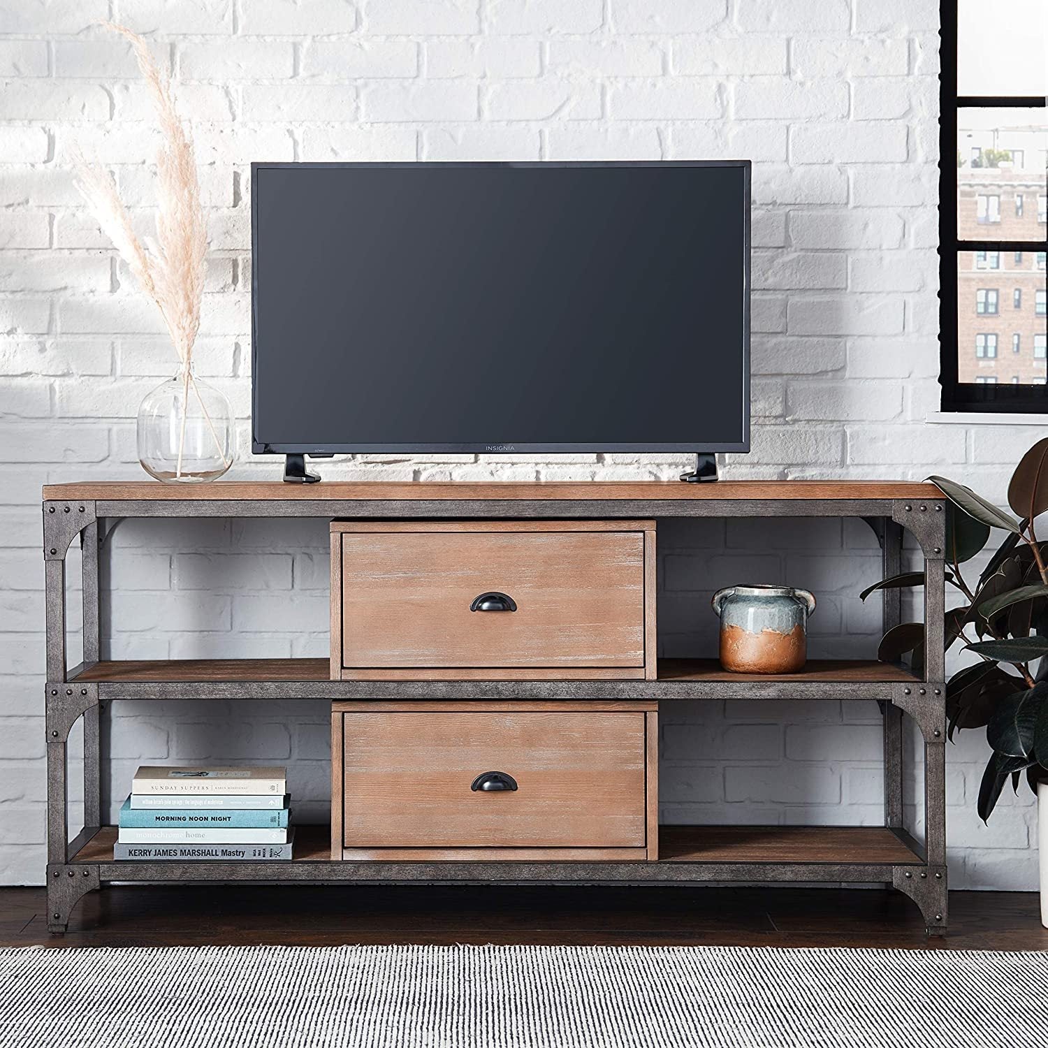 ACME Gorden TV Stand in Weathered Oak & Antique Silver 91504