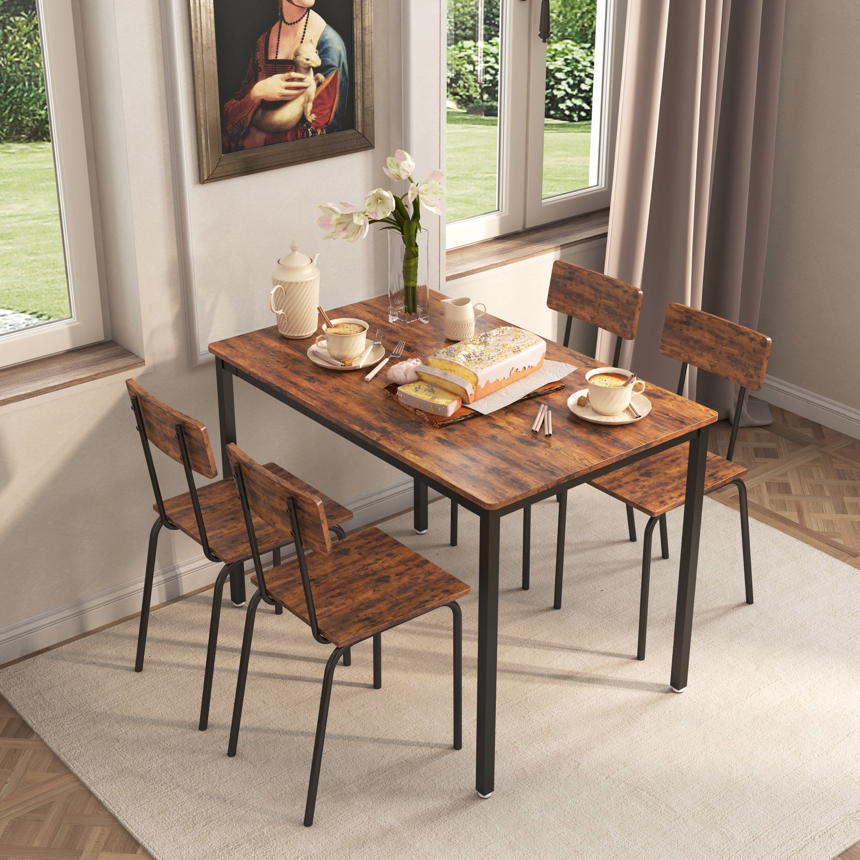 Dining Table Set 5-Piece Dining Chair with Backrest, Industrial style, Sturdy construction. Rustic Brown, 43.31'' L x 27.56'' W x 30.32'' H.