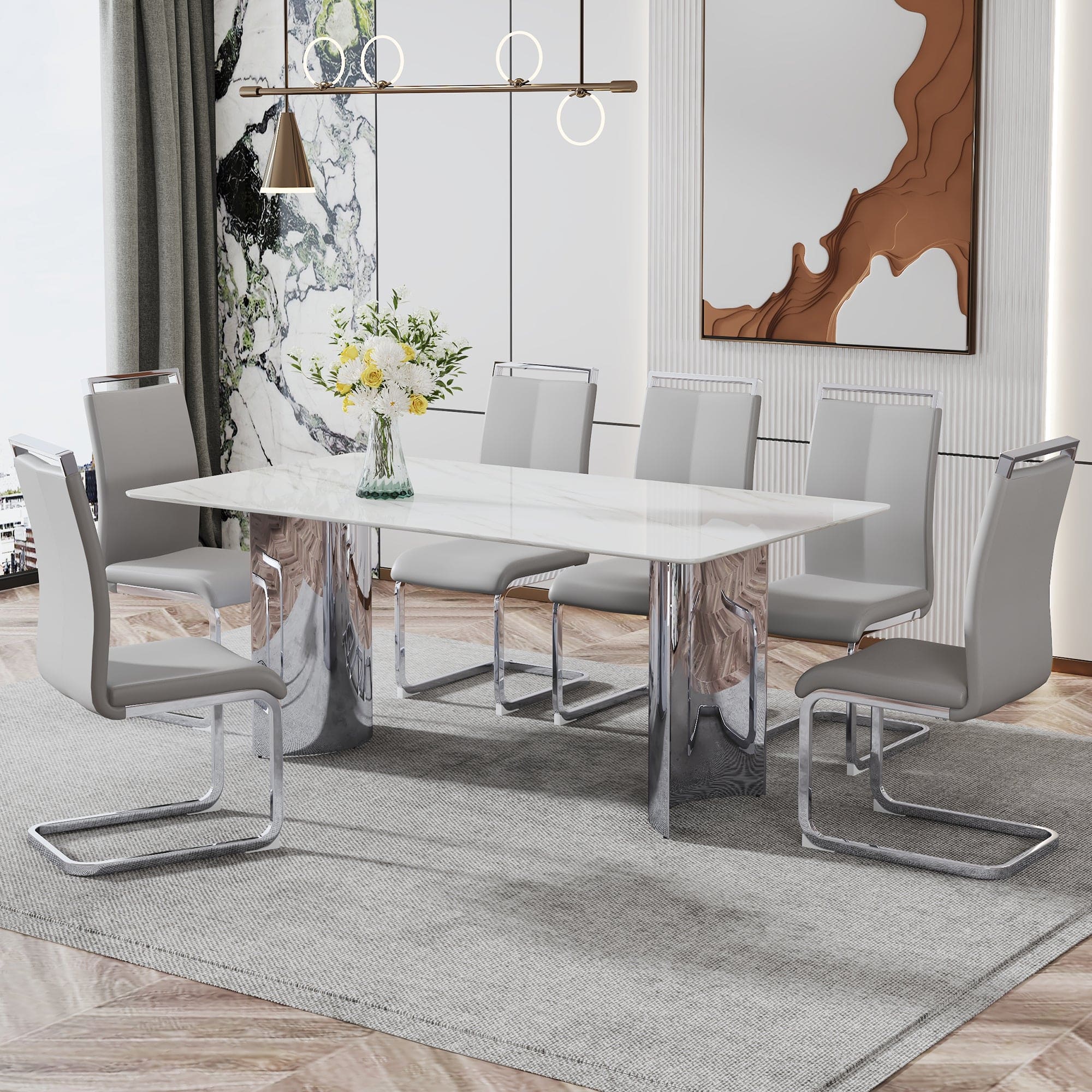 Modern minimalist dining table. The white imitation marble glass desktop is equipped with silver metal legs. Suitable for restaurants and living rooms  71" *39.3" *29.5"  DT-69