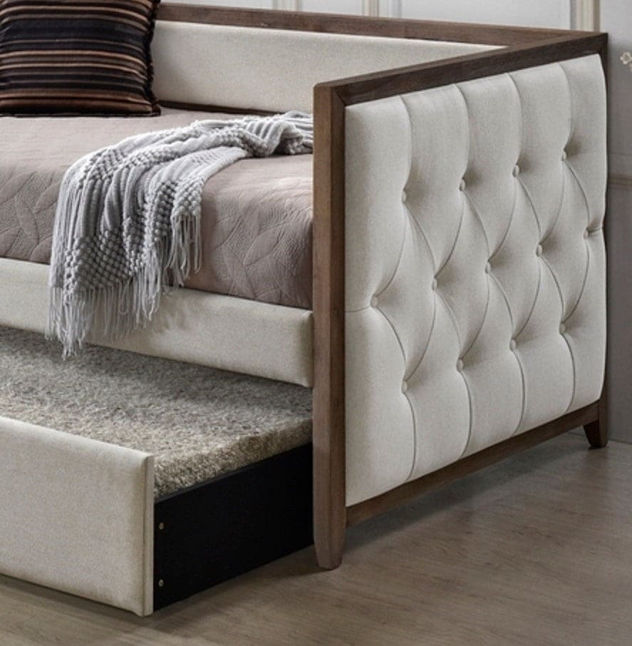 Ultra Stylish Daybed with Trundle 1pc Solid Wood Frame Beige Fabric Upholstered Button-Tufted Modern Home Furniture