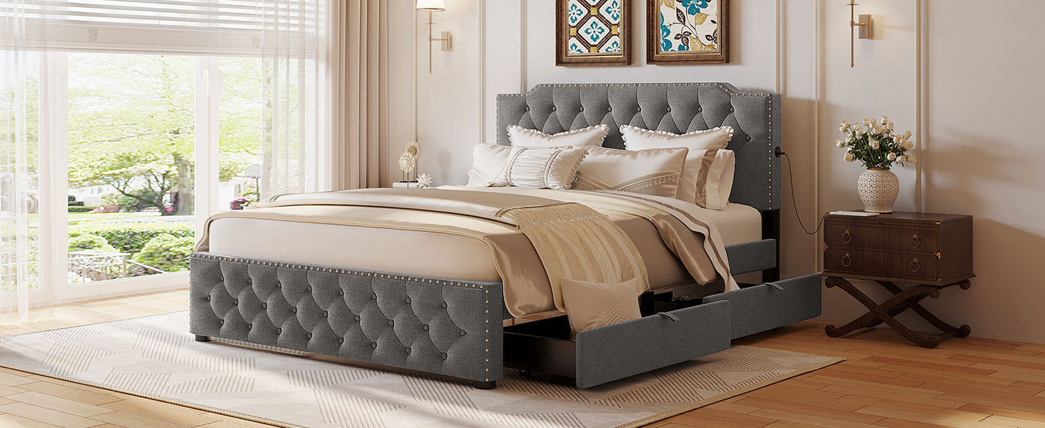 Queen Size Upholstered Platform Bed with 2 Drawers and 2 sets of USB Ports on each side, Linen Fabric, Gray