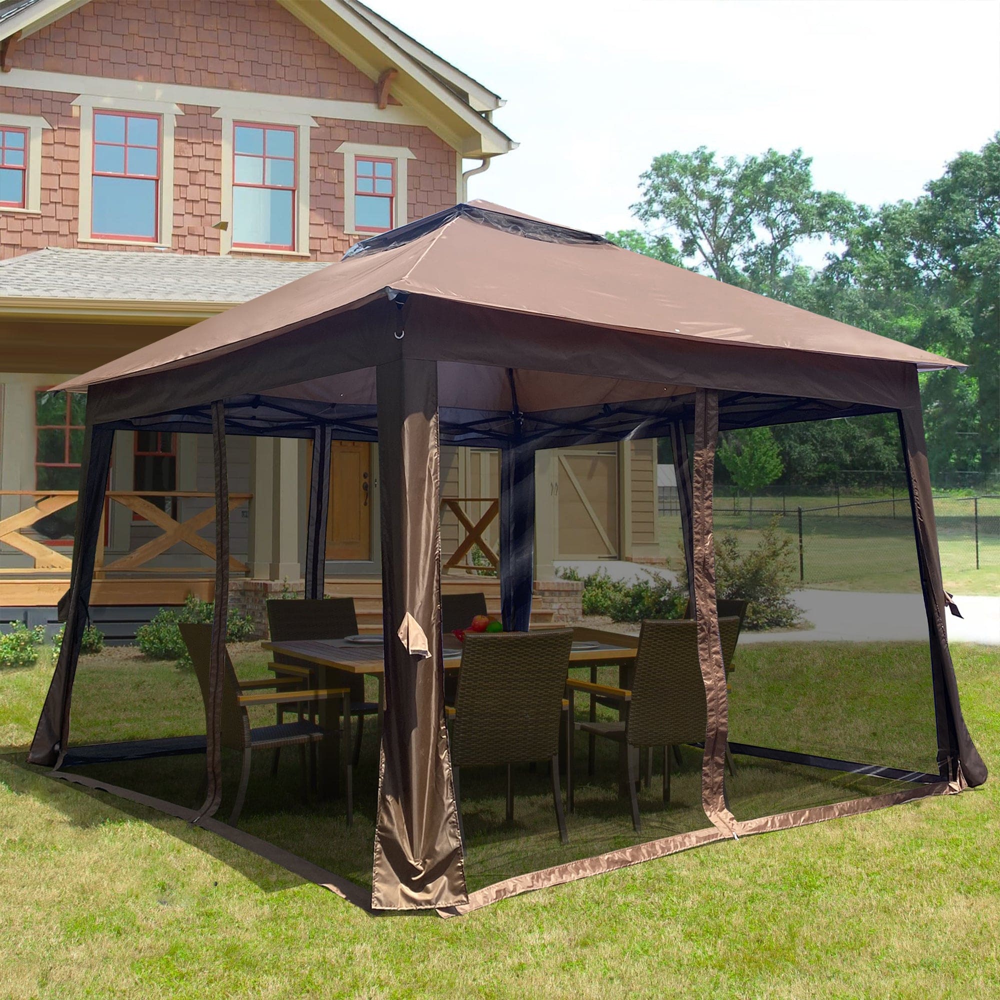 Outdoor 11x 11Ft Pop Up Gazebo Canopy With Removable Zipper Netting,2-Tier Soft Top Event Tent,Suitable For Patio Backyard Garden Camping Area with 4 Sandbags,Brown