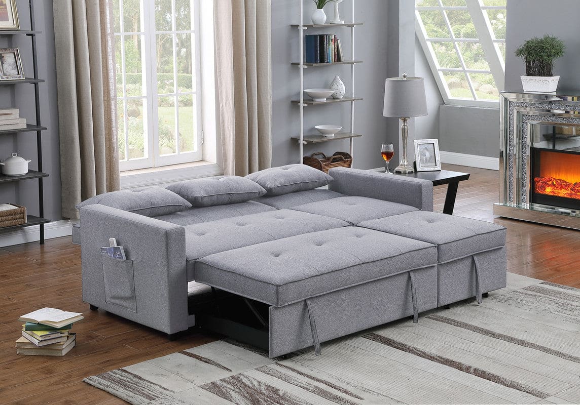 Zoey Light Gray Linen Convertible Sleeper Sofa with Side Pocket