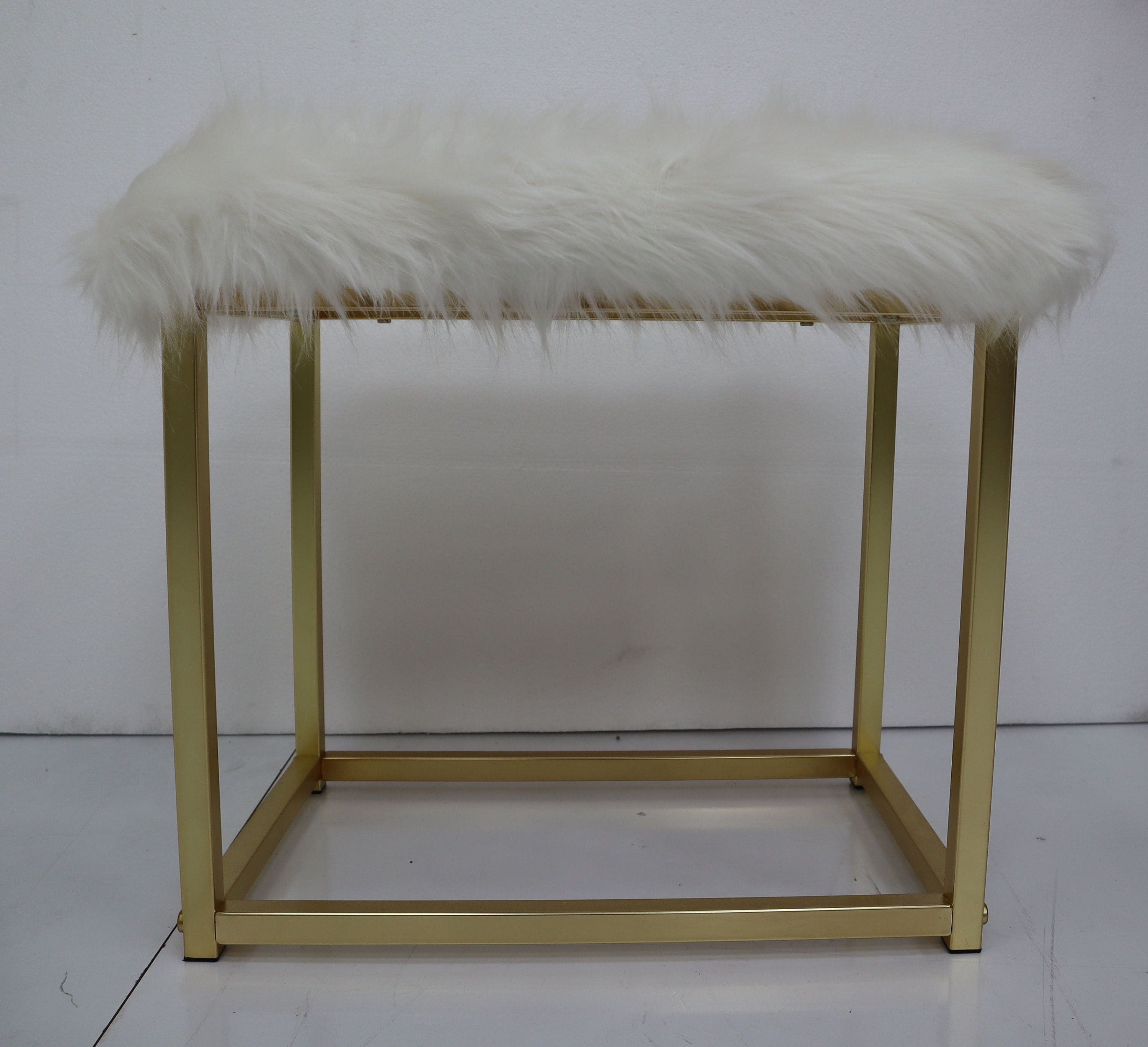 ACME Adao Vanity Mirror & Stool in Faux Fur, Mirror, White & Brass Finish AC00932