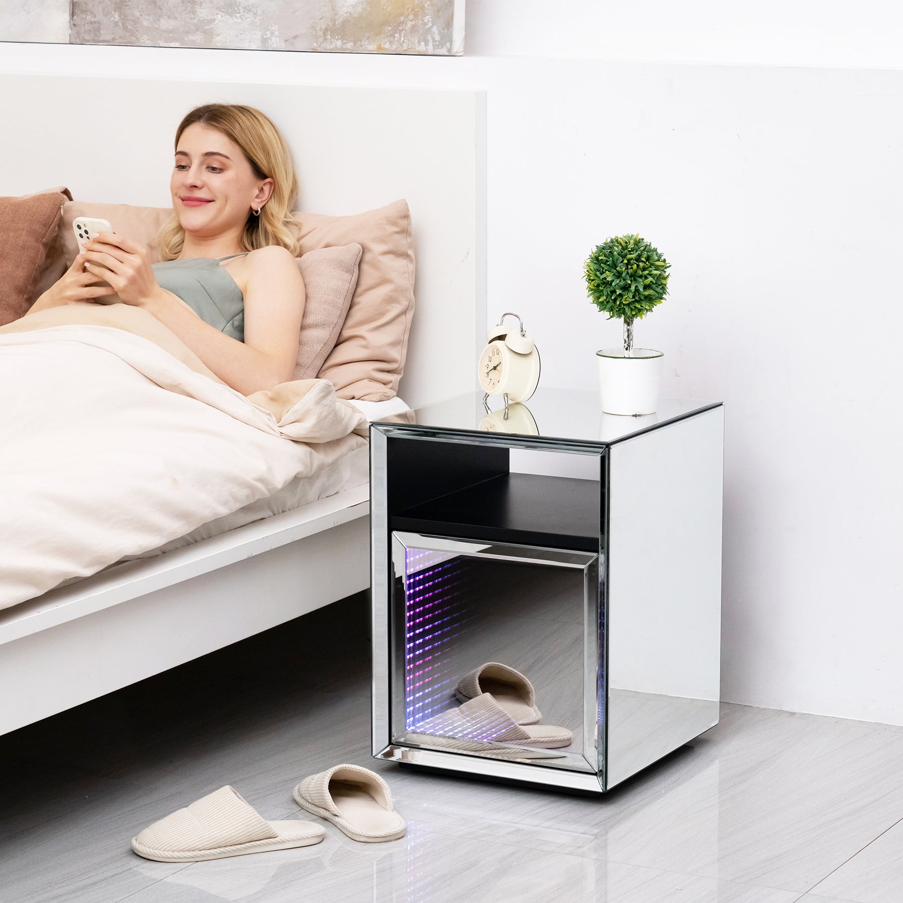 Mirrored Nightstand, LED Nightstand, Smart Bedside Table,Silver End Table (Built-in 142 Dynamic Effects and 18 Music Effects)