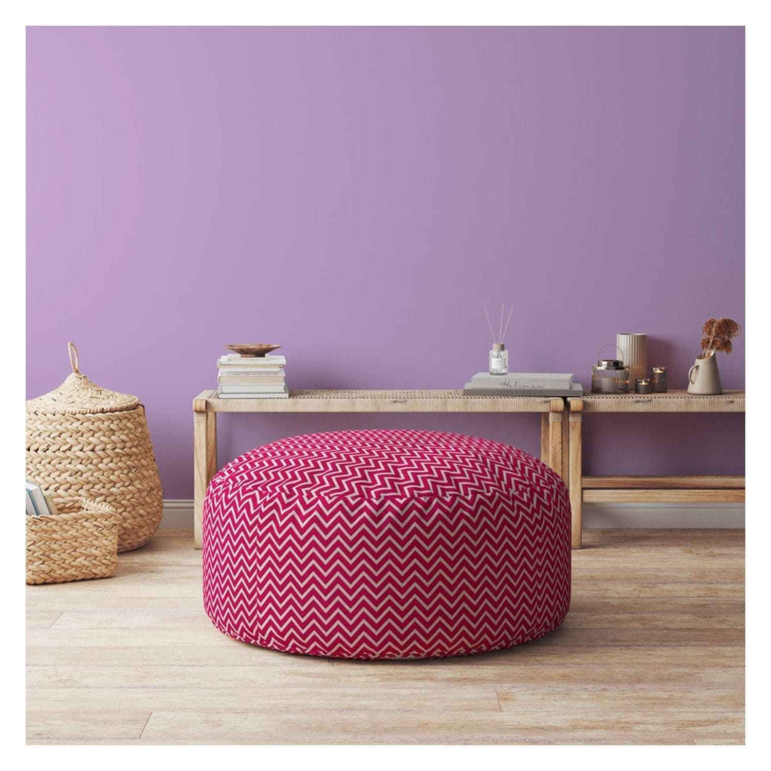 Indoor DIPPITY Hot Pink/White Round Zipper Pouf - Stuffed - Extra Beads Included! - 24in dia x 20in tall