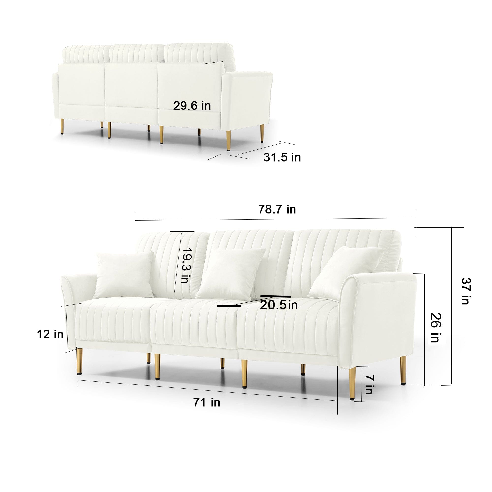 Modern Upholstered Sofa 3 Seater Couches and 2 Set of 2 Seater Couchses for Living Room Sectional Sofas w/throw Pillows and Gold Metal Legs, Cream Velvet