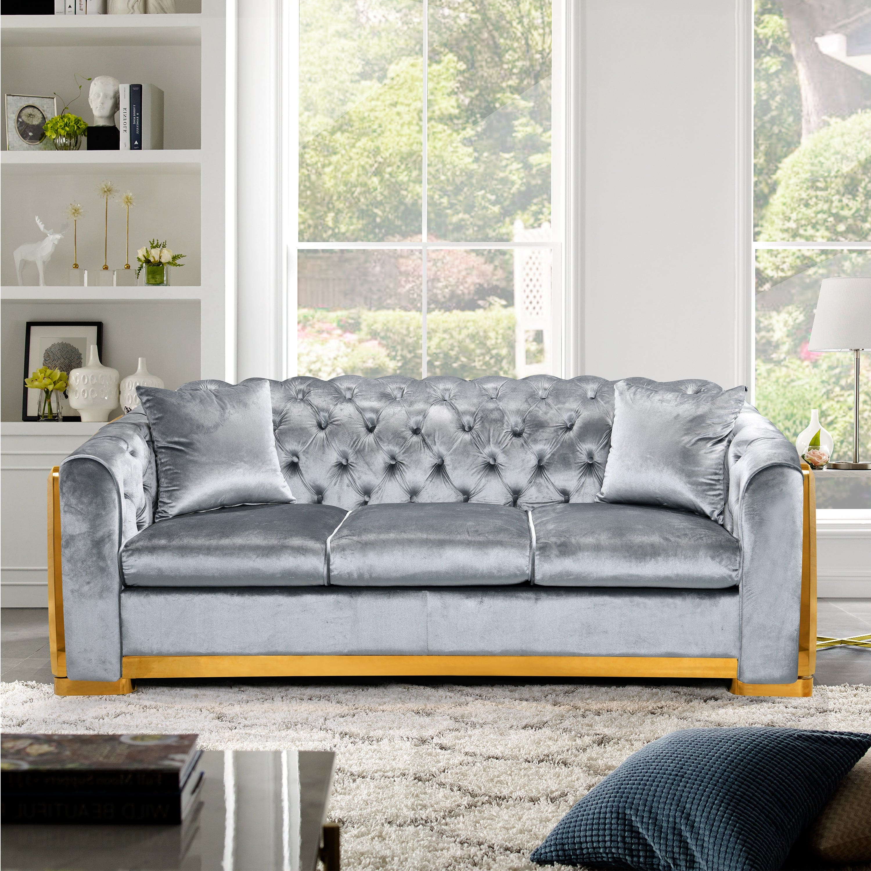 Velvet Luxury Chesterfield Sofa Set, 84 Inches Tufted 3 Seat Couch with Gold Stainless for Living Room, Grey Fabric