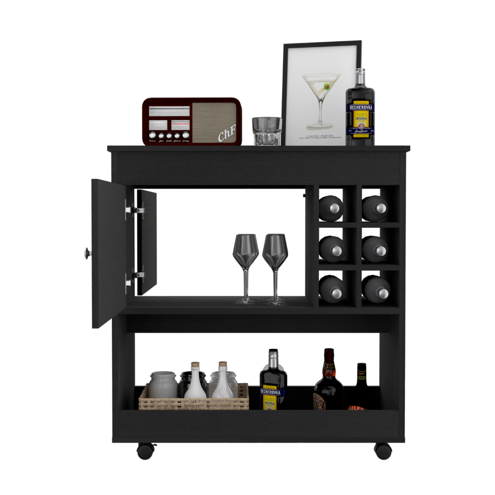 Bar Cart Aloha, Lower Panel, Six Bottle Cubbies, One Cabinet, Black Wengue Finish