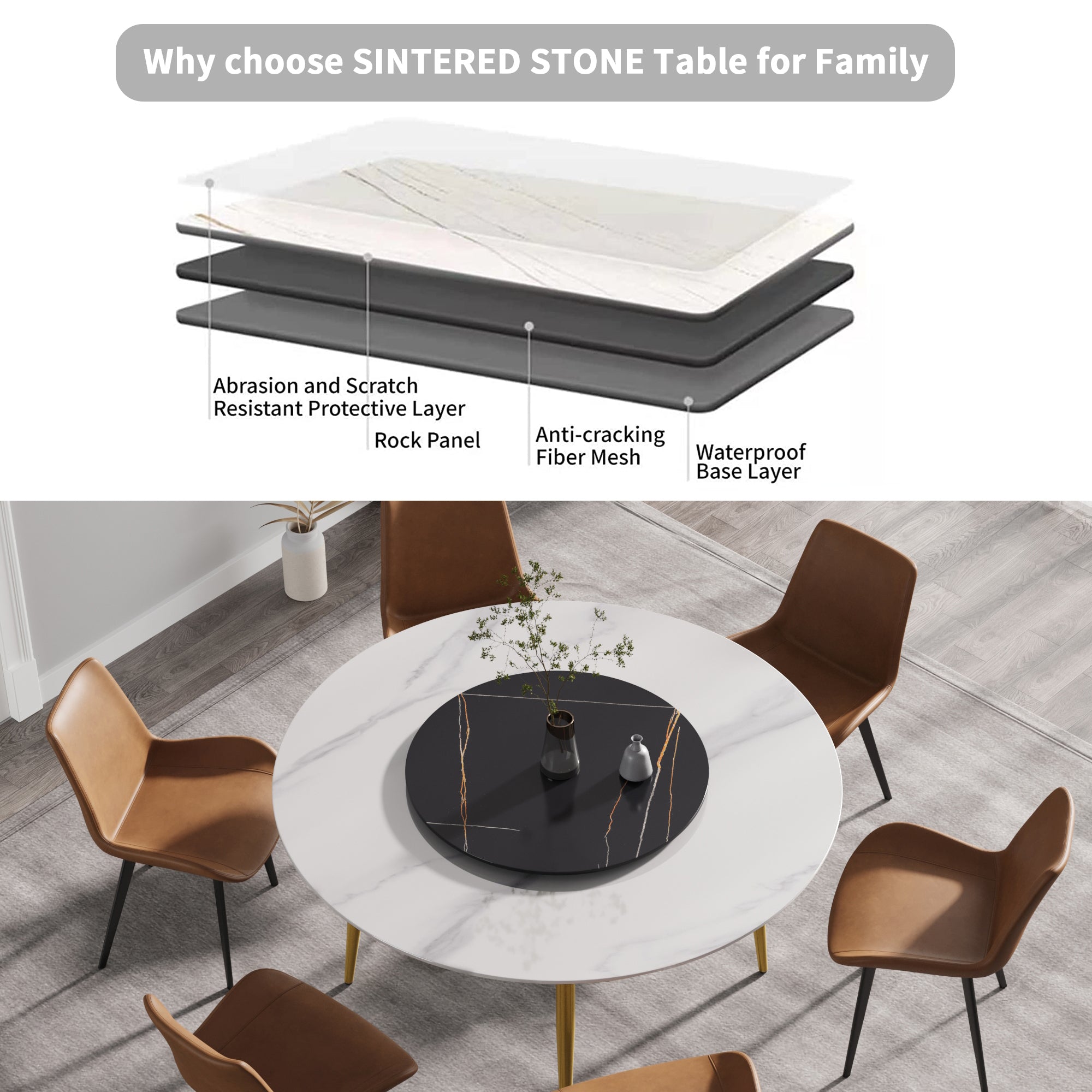 59.05"Modern artificial stone round golden metal dining table-can accommodate 6 people-31.5"black artificial stone turntable