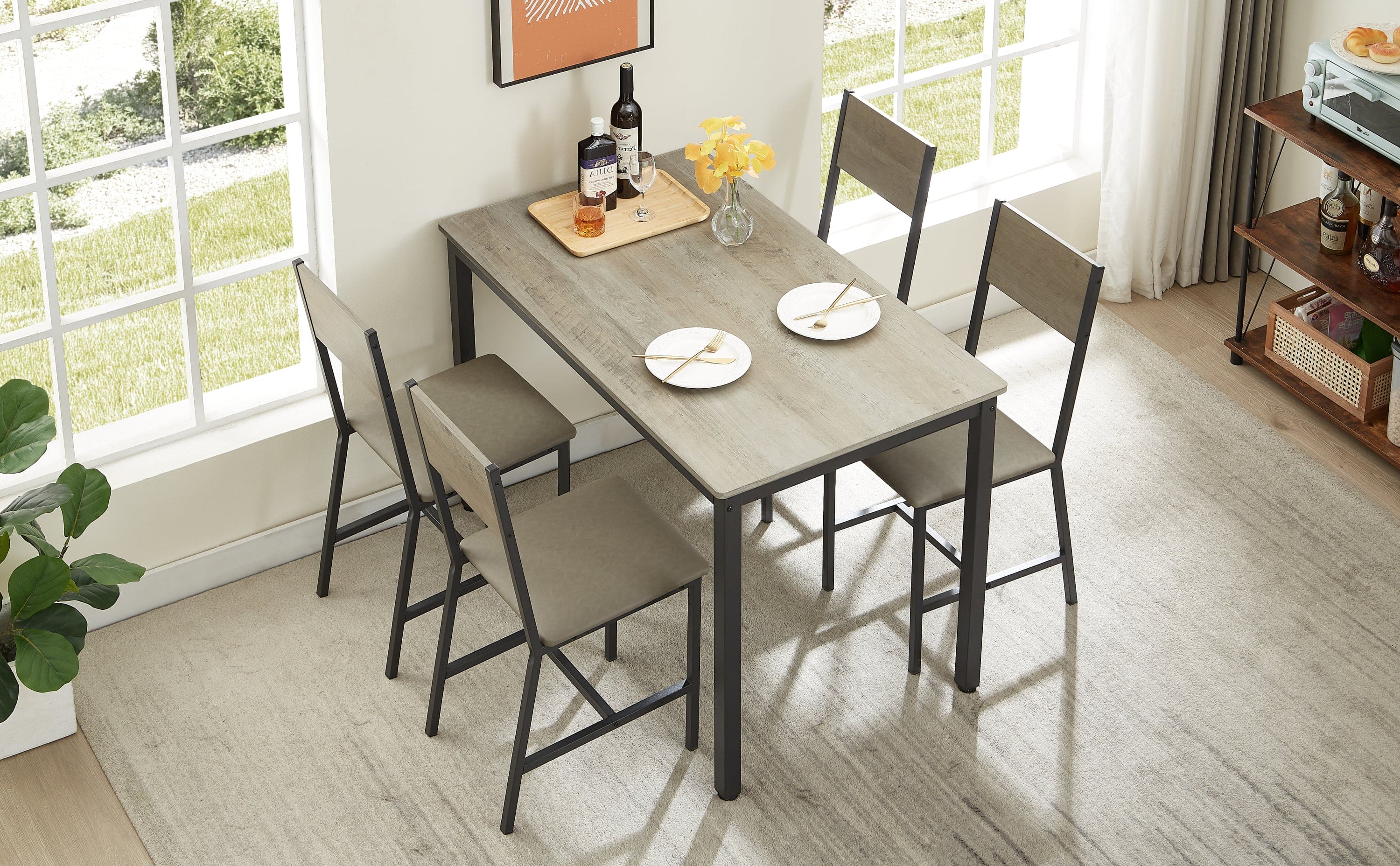 Dining Set for 5 Kitchen Table with 4 Upholstered Chairs, Grey, 47.2'' L x 27.6'' W x 29.7'' H.