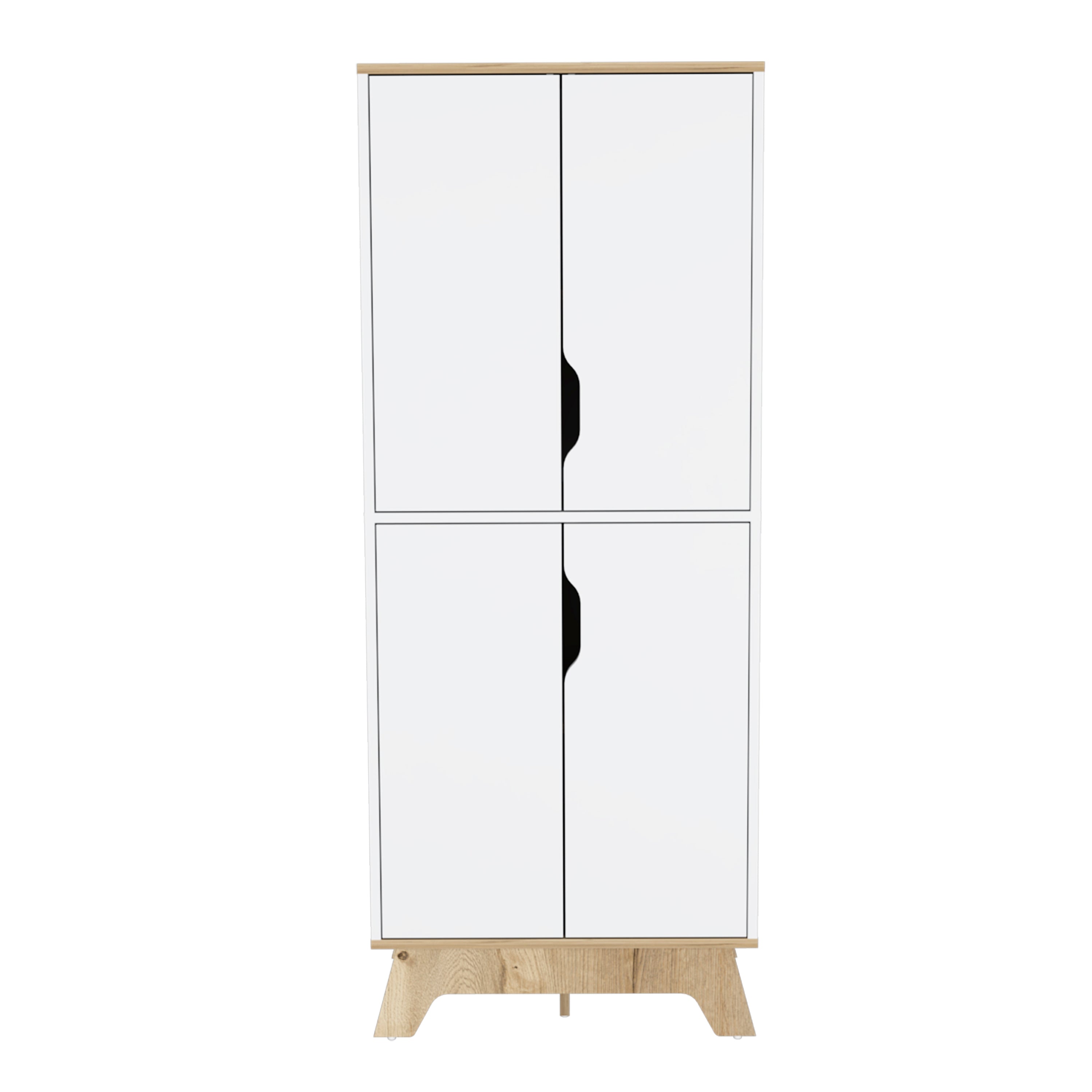 Double Kitchen Pantry Wallas, Double Door, Four Legs, Four Shelves, Light Oak / White Finish