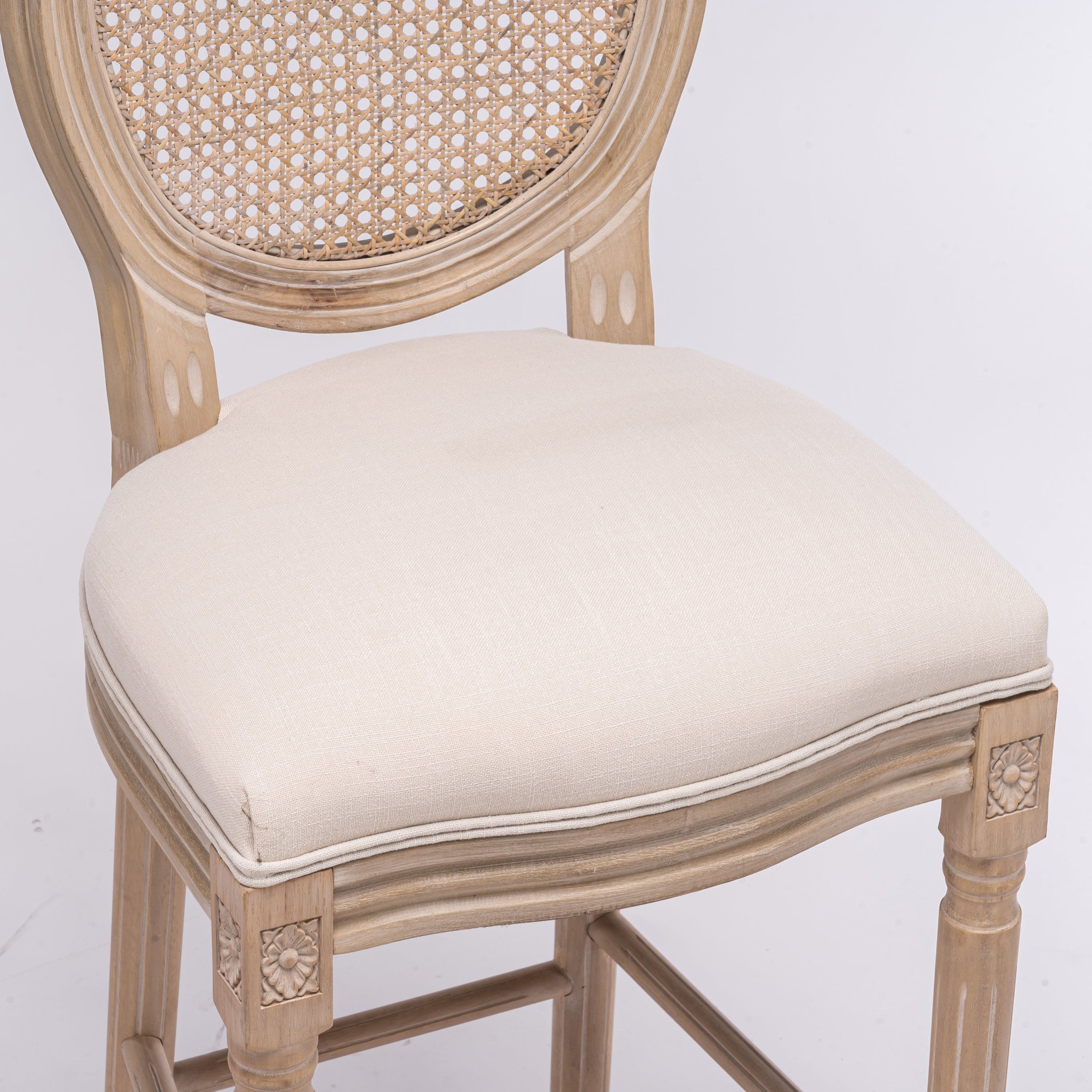 French Country Wooden Barstools Rattan Back With Upholstered Seating , Beige and Natural ,Set of  2