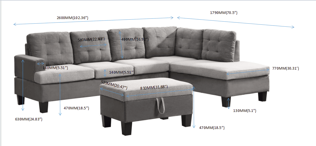 Sofa Set  for Living Room with Chaise Lounge and Storage Ottoman Living Room Furniture  Gray