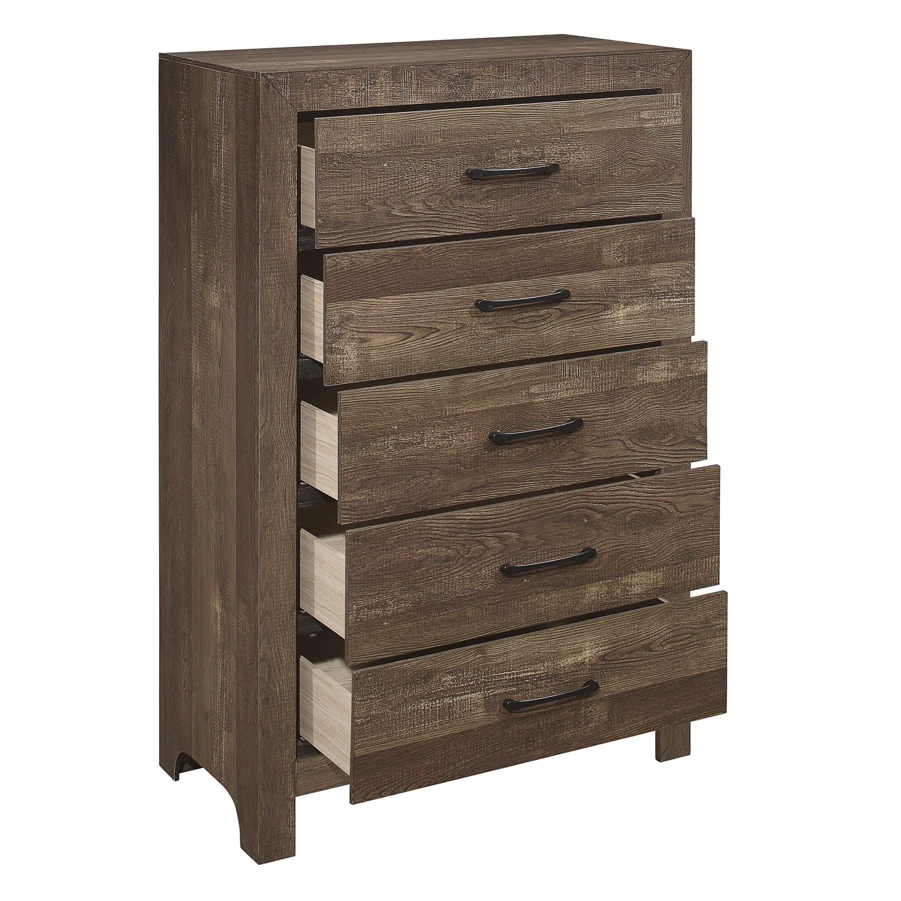 Simple Look Rustic Brown Finish 1pc Chest of 5x Drawers Black Metal Hardware Bedroom Furniture