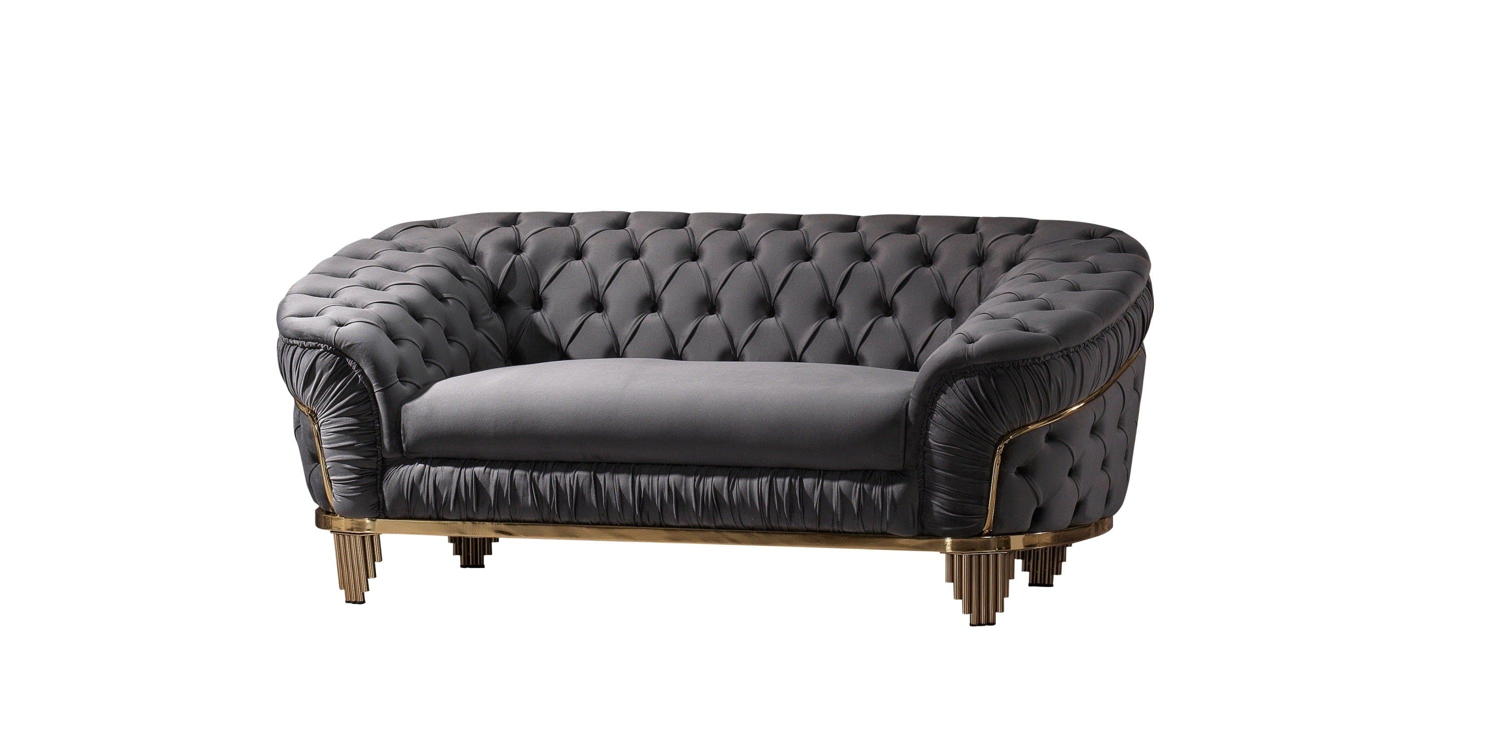 Vanessa Loveseat in Grey and Gold with Fabric button-tufted velvet upholstery Finish