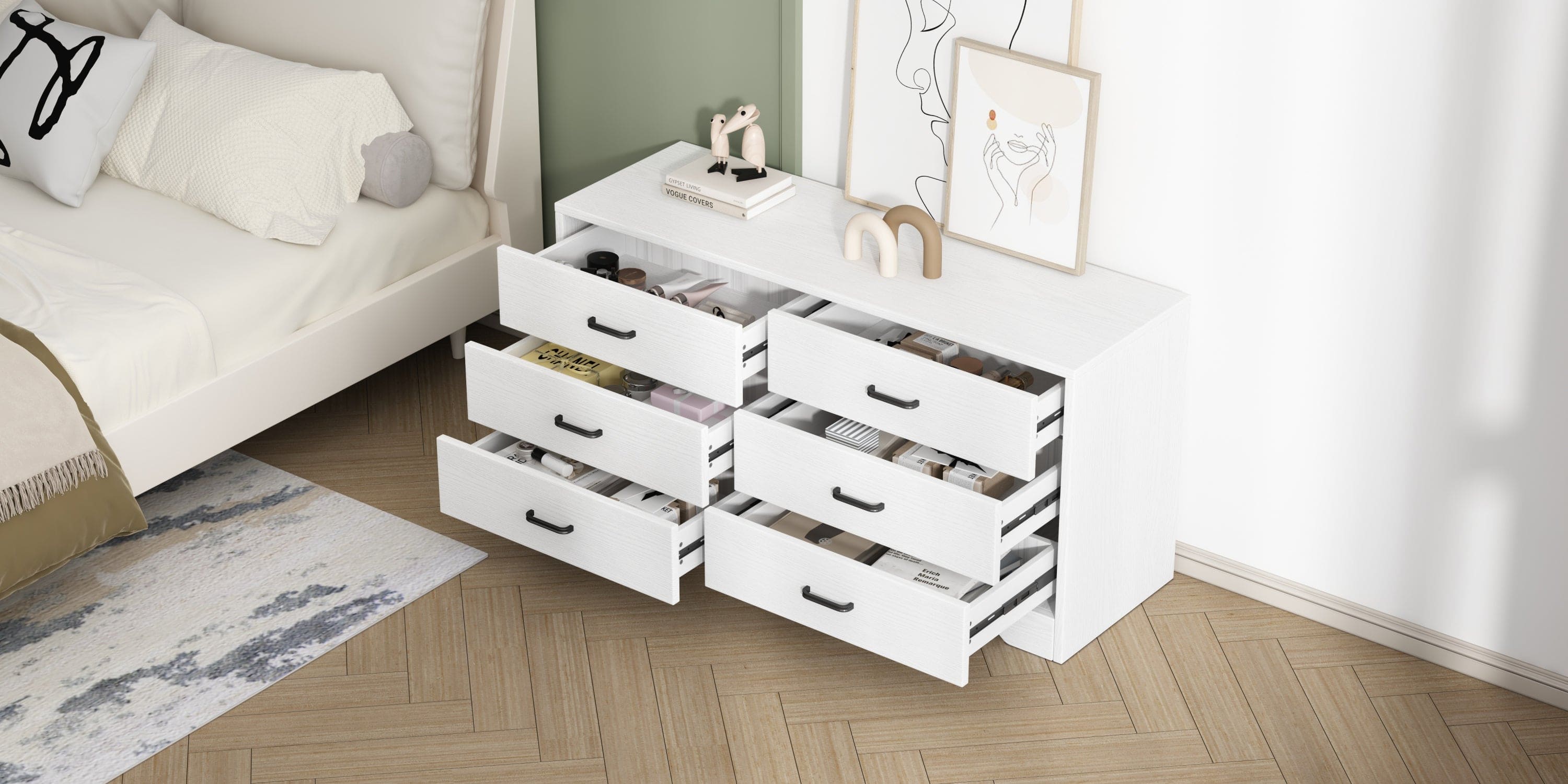 WOOD MDF BOARDS, 6 Drawers Dresser, WHITE