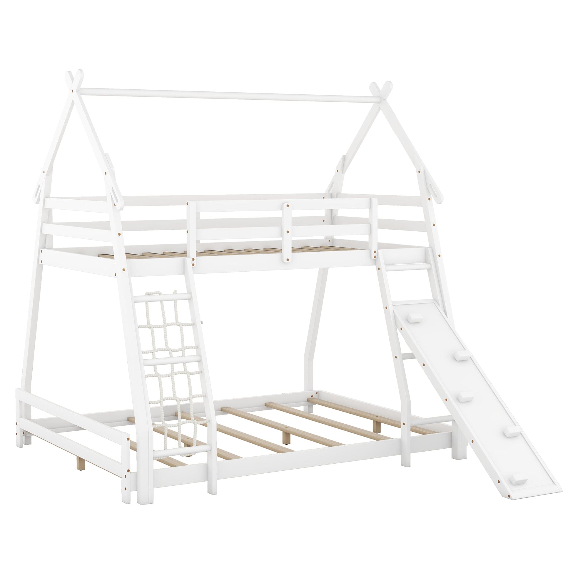 Twin over Queen House Bunk Bed with Climbing Nets and Climbing Ramp, White