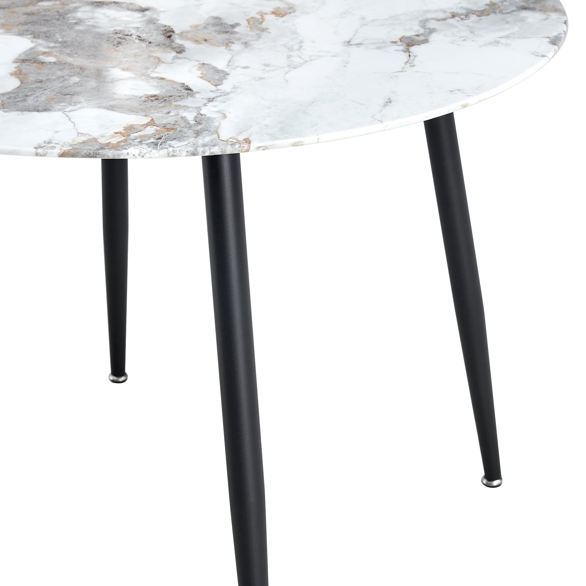 A modern minimalist circular dining table with a diameter of 40 inches, a 0.3 inch thick white imitation marble pattern tabletop and black metal legs  40 '* 40' * 30 'DT-1164