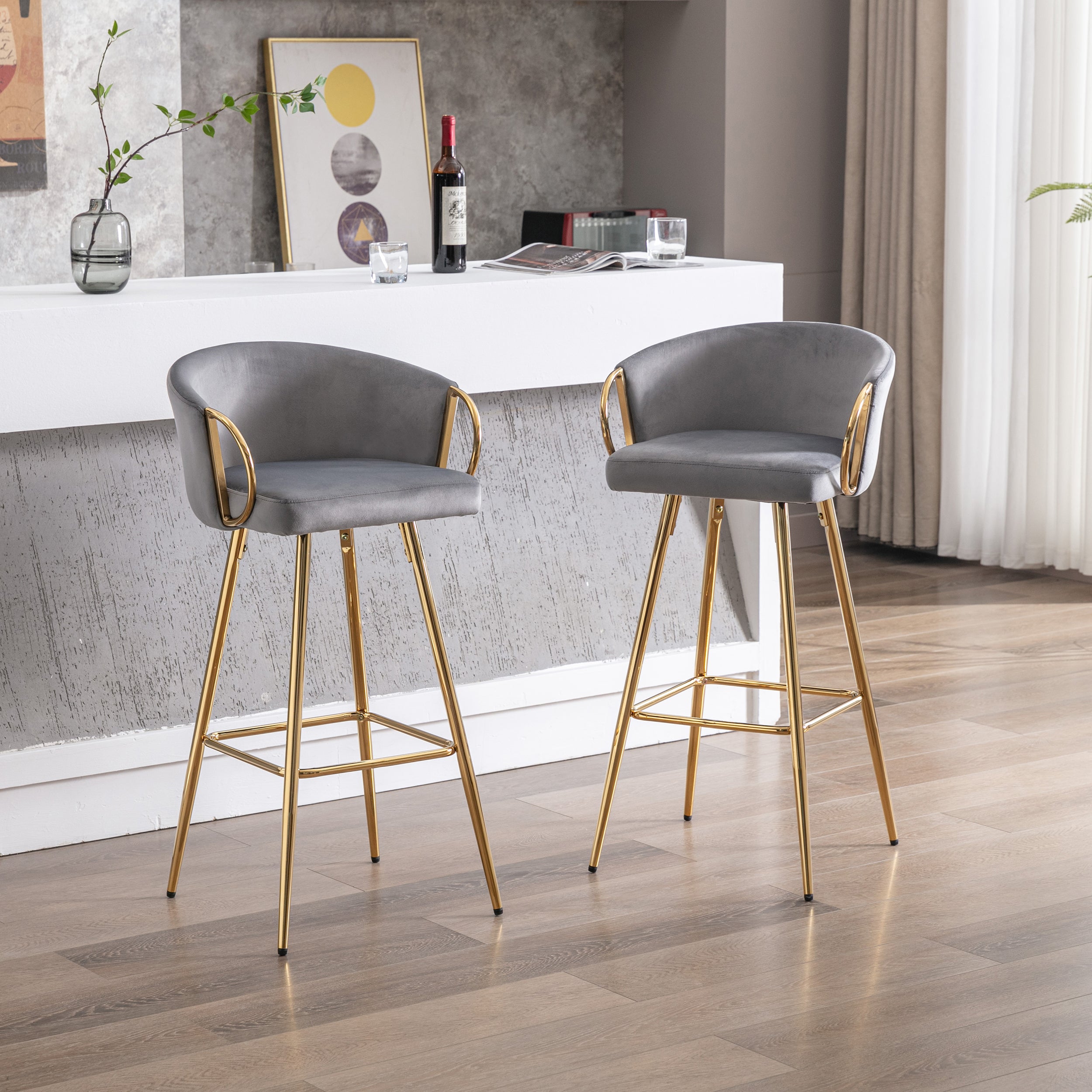 26 Inch Set of 2 Bar Stools,with Chrome Footrest and Base Velvet + Golden Leg Simple Bar Stool,GRAY